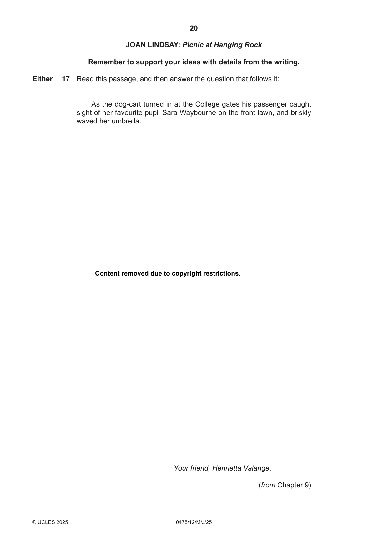 Cambridge IGCSE English - Literature in English 0475 2025 May/June Paper 1 · Variant 2 question paper, page 20 of 28