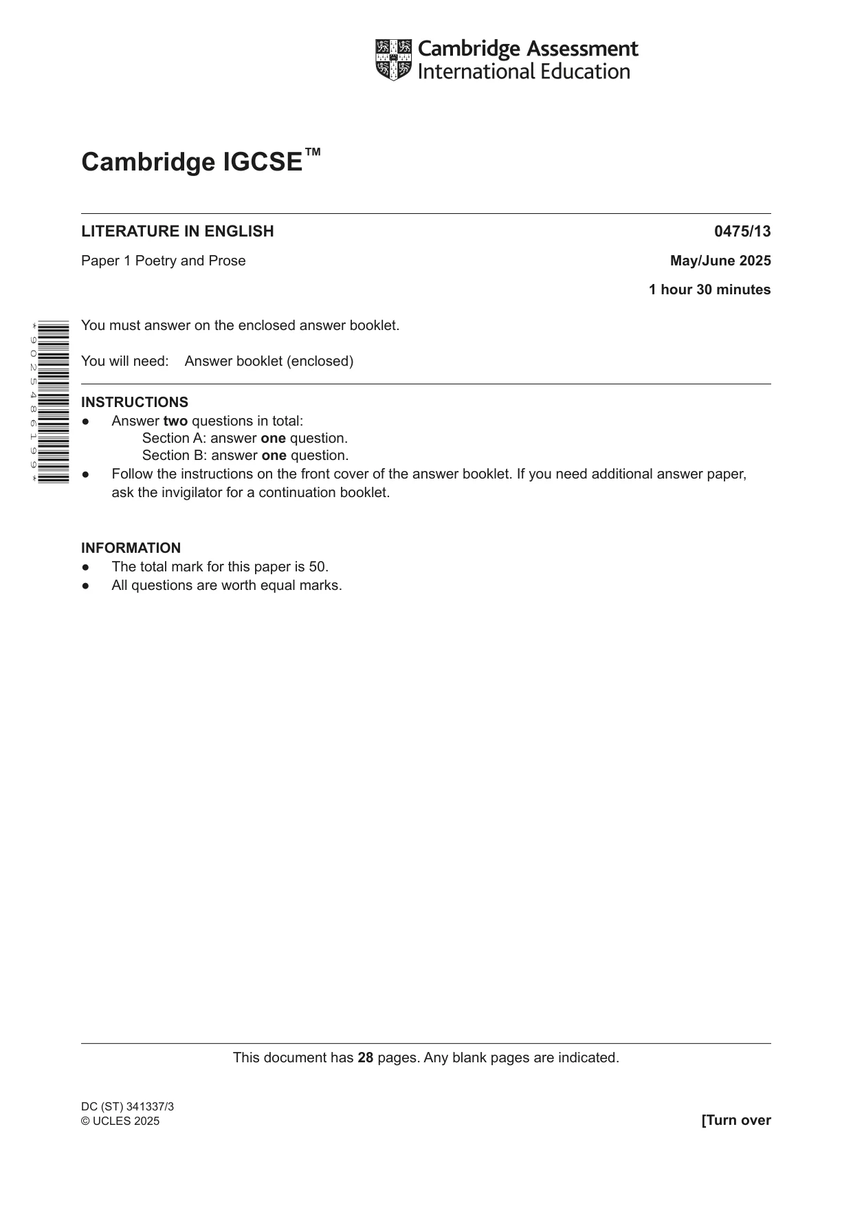 Cambridge IGCSE English - Literature in English 0475 2025 May/June Paper 1 · Variant 3 question paper, page 1 of 28
