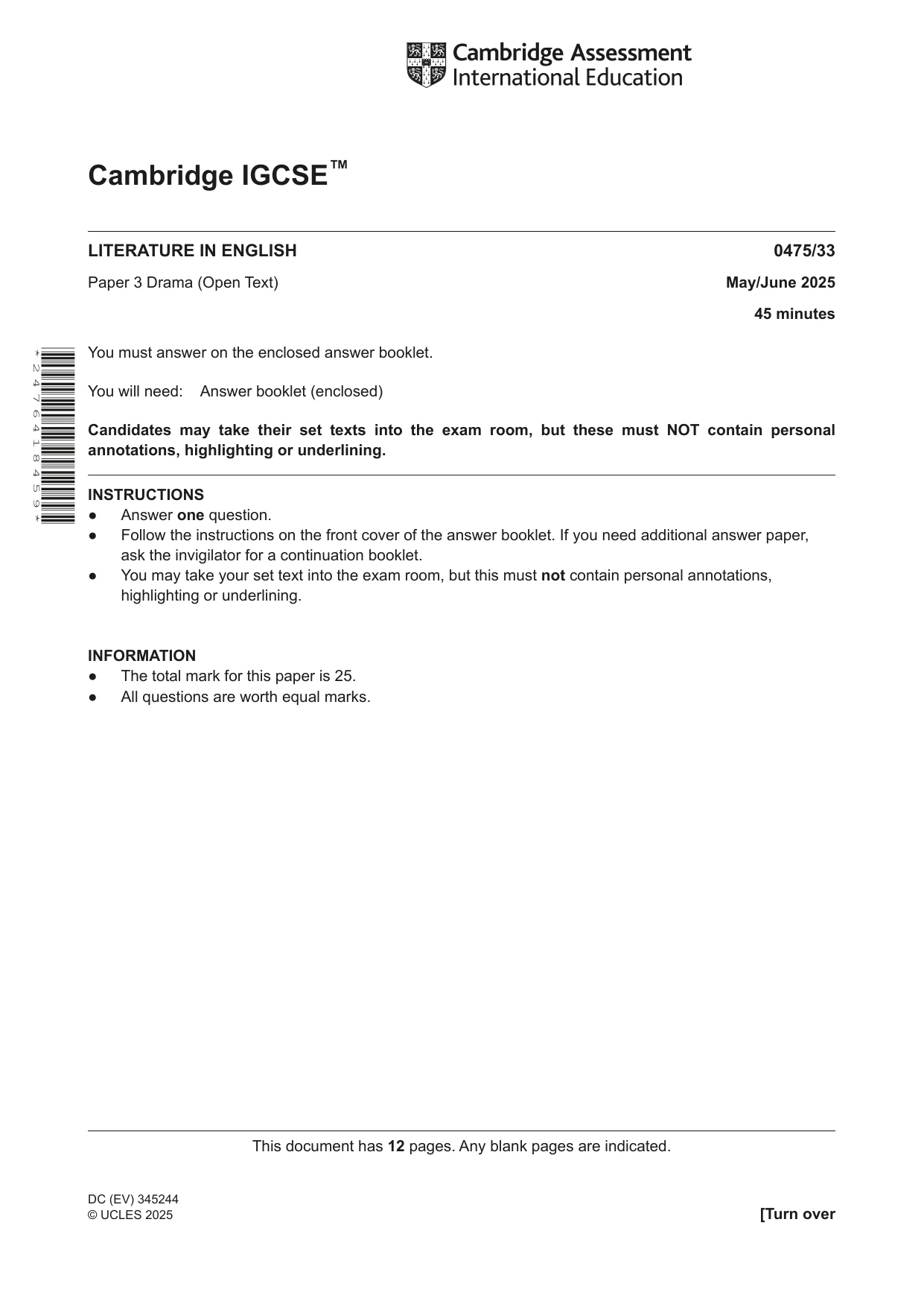 Cambridge IGCSE English - Literature in English 0475 2025 May/June Paper 3 · Variant 3 question paper, page 1 of 12
