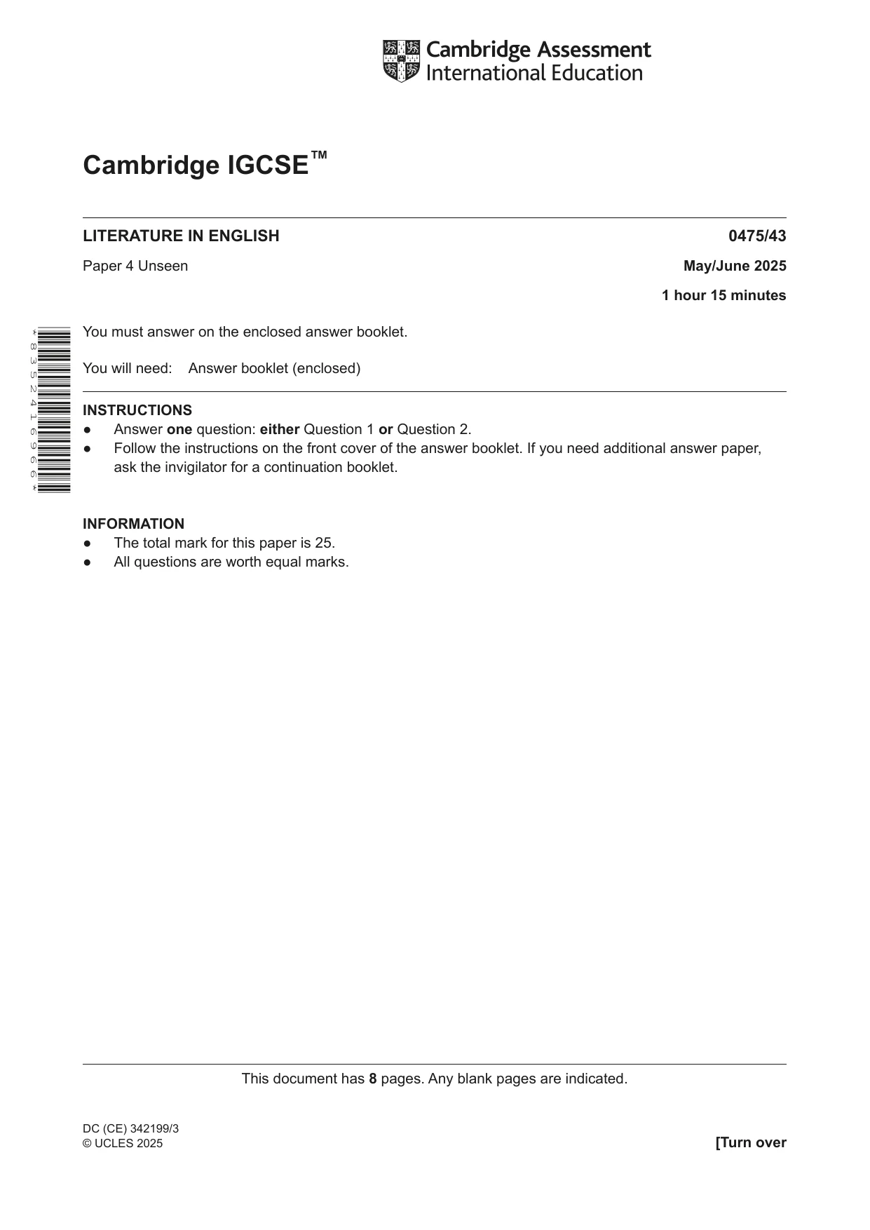 Cambridge IGCSE English - Literature in English 0475 2025 May/June Paper 4 · Variant 3 question paper, page 1 of 8