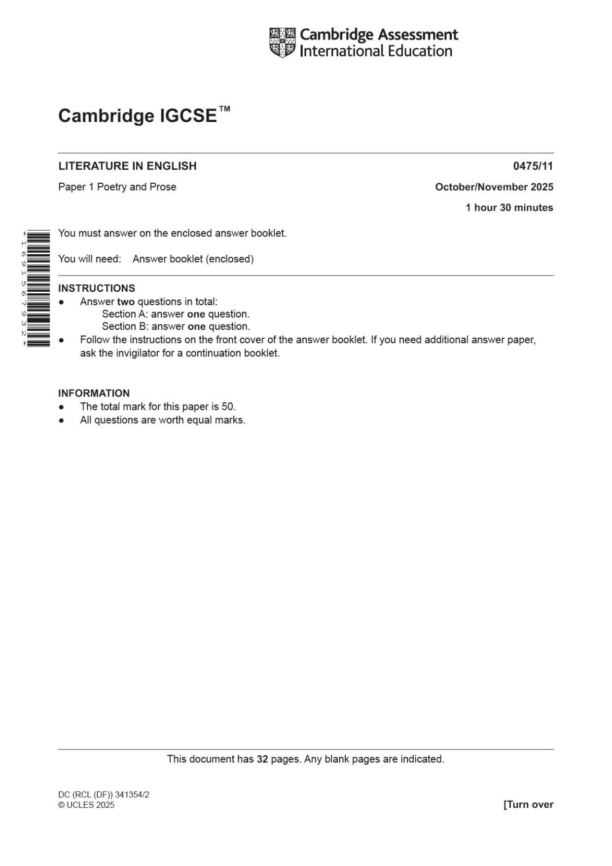 Cambridge IGCSE English - Literature in English 0475 2025 Oct/Nov Paper 1 · Variant 1 question paper, page 1 of 32