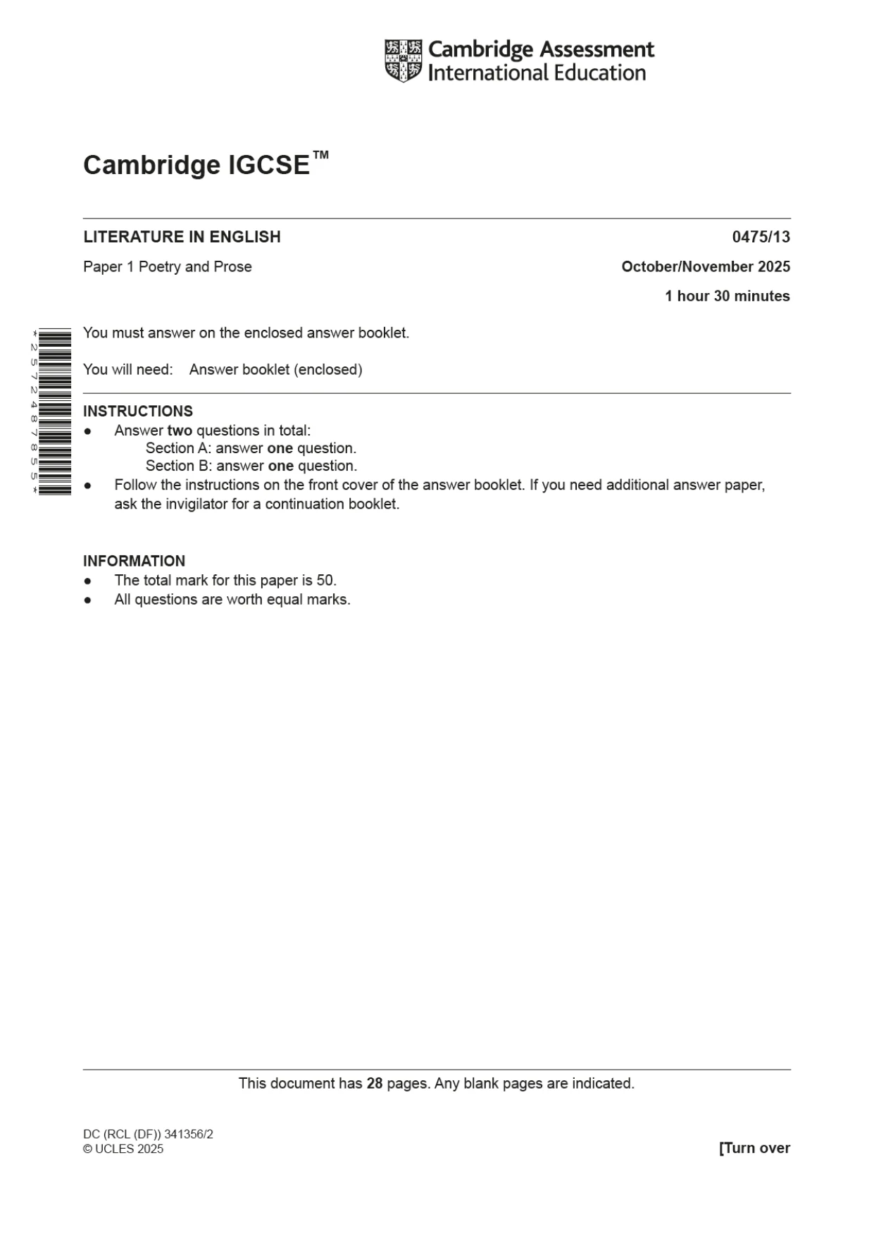 Cambridge IGCSE English - Literature in English 0475 2025 Oct/Nov Paper 1 · Variant 3 question paper, page 1 of 28