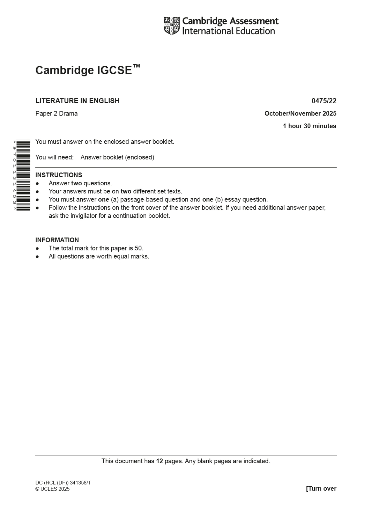 Cambridge IGCSE English - Literature in English 0475 2025 Oct/Nov Paper 2 · Variant 2 question paper, page 1 of 12