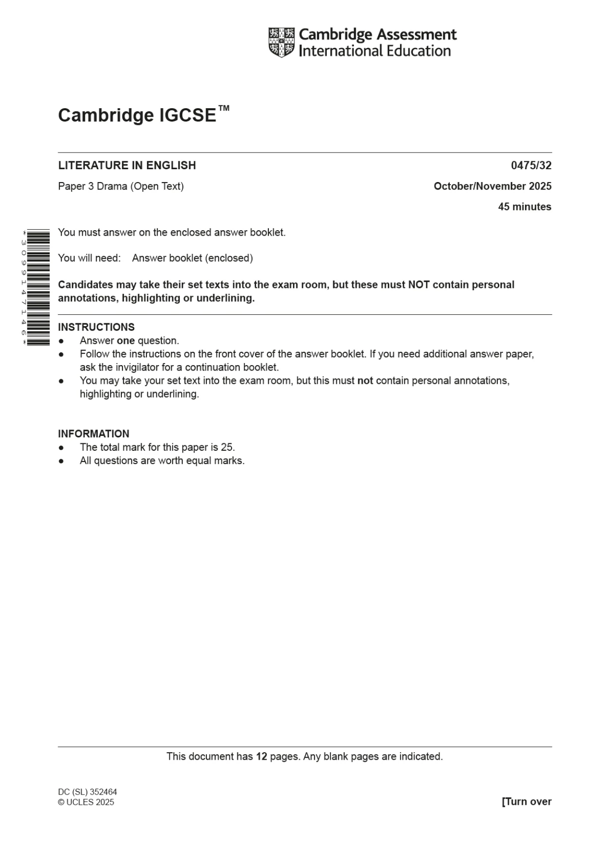 Cambridge IGCSE English - Literature in English 0475 2025 Oct/Nov Paper 3 · Variant 2 question paper, page 1 of 12