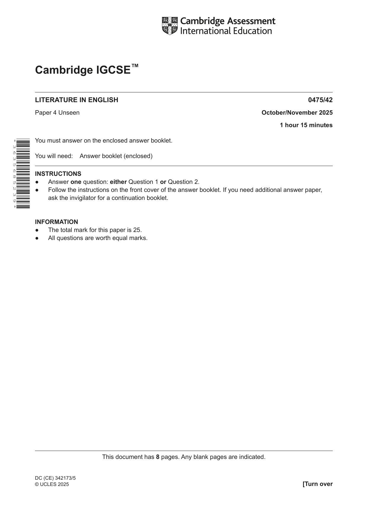 Cambridge IGCSE English - Literature in English 0475 2025 Oct/Nov Paper 4 · Variant 2 question paper, page 1 of 8