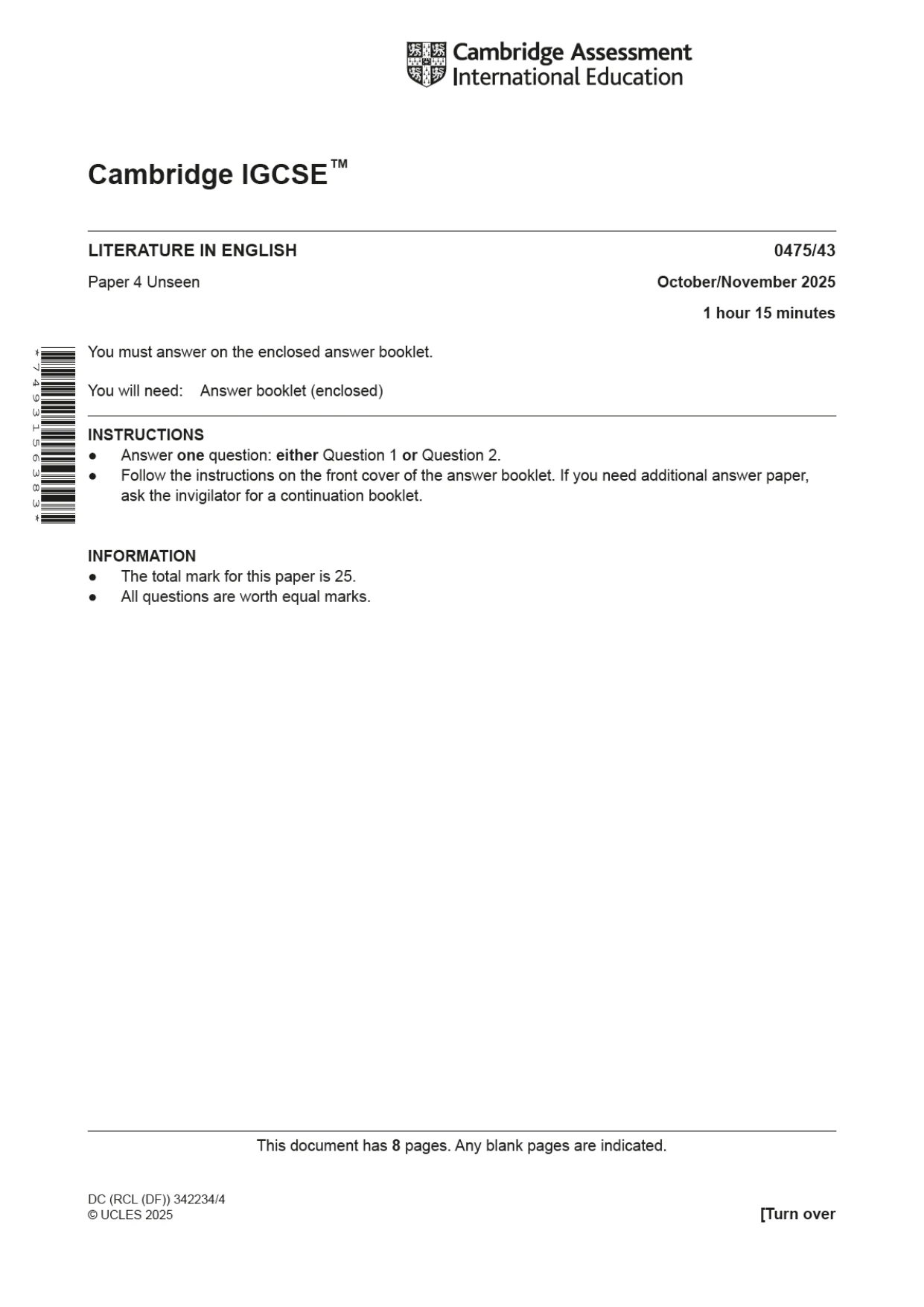 Cambridge IGCSE English - Literature in English 0475 2025 Oct/Nov Paper 4 · Variant 3 question paper, page 1 of 8
