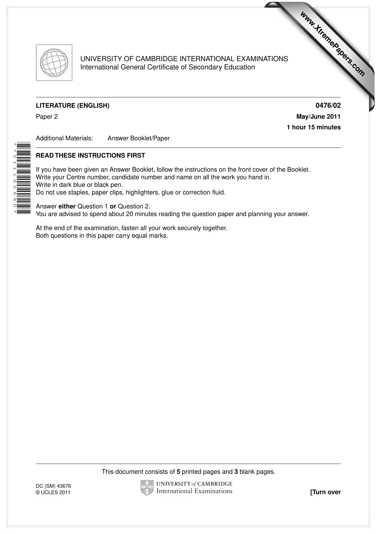 Cambridge IGCSE English - Literature (UK) 0476 2011 May/June Paper 2 · Variant 0 question paper, page 1 of 8