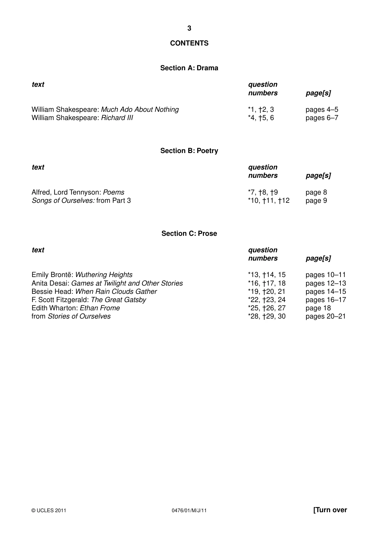 Cambridge IGCSE English - Literature (UK) 0476 2011 May/June Paper 1 · Variant 1 question paper, page 3 of 24