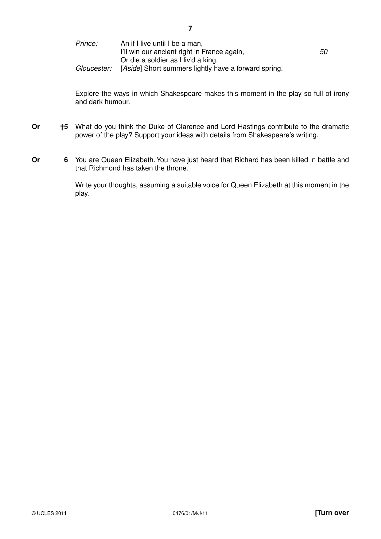 Cambridge IGCSE English - Literature (UK) 0476 2011 May/June Paper 1 · Variant 1 question paper, page 7 of 24