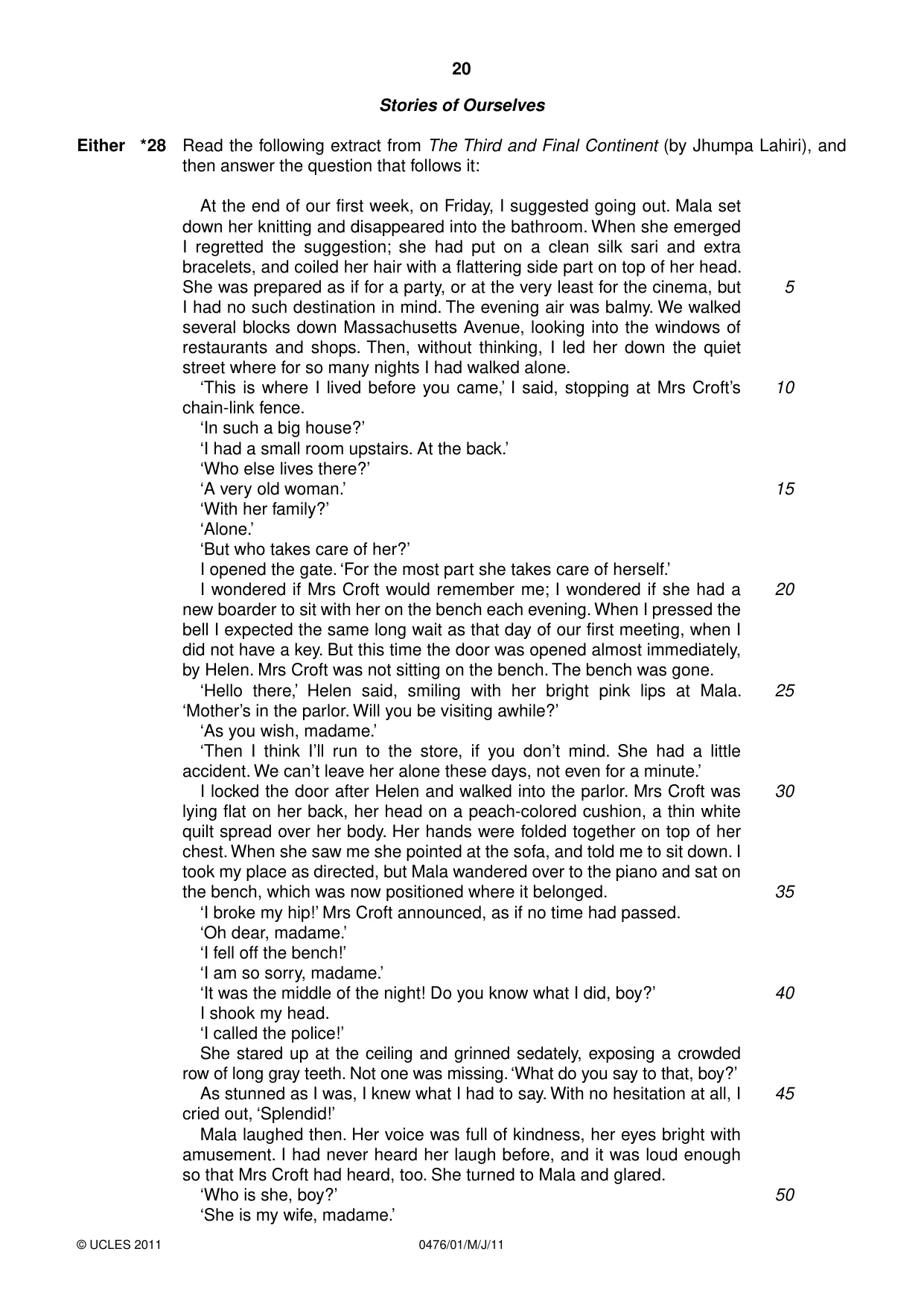 Cambridge IGCSE English - Literature (UK) 0476 2011 May/June Paper 1 · Variant 1 question paper, page 20 of 24