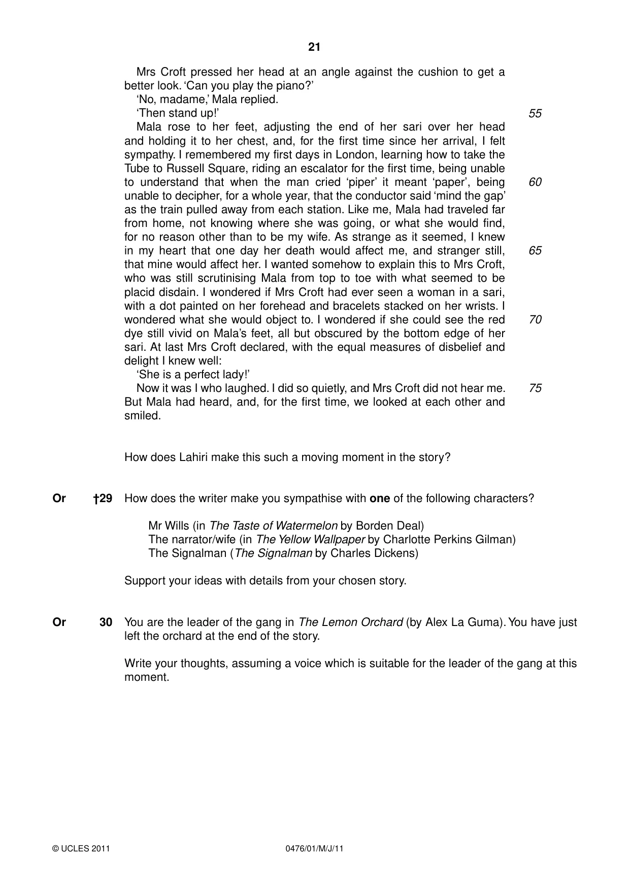 Cambridge IGCSE English - Literature (UK) 0476 2011 May/June Paper 1 · Variant 1 question paper, page 21 of 24
