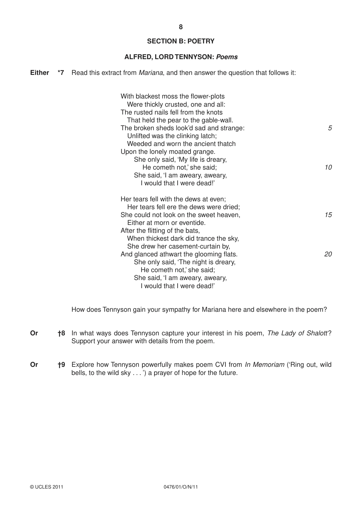 Cambridge IGCSE English - Literature (UK) 0476 2011 Oct/Nov Paper 1 · Variant 1 question paper, page 8 of 24