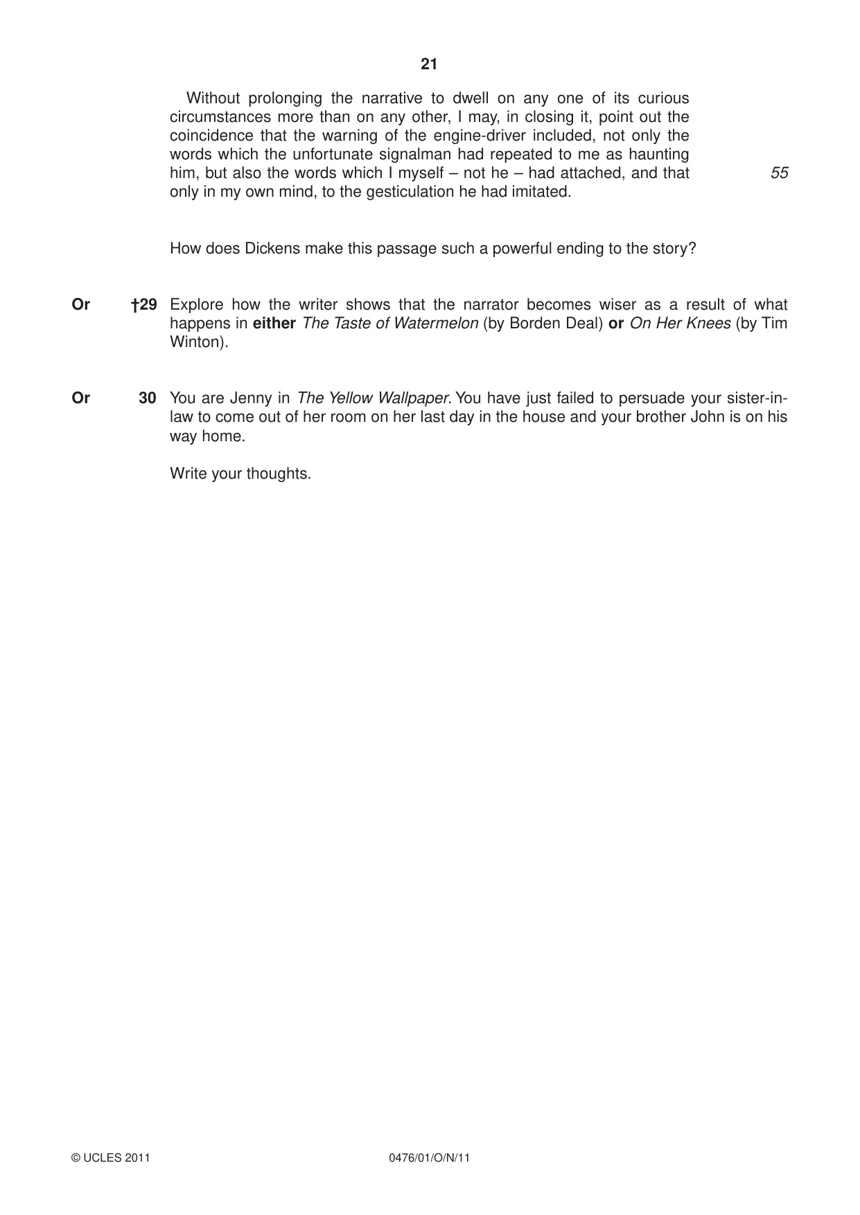 Cambridge IGCSE English - Literature (UK) 0476 2011 Oct/Nov Paper 1 · Variant 1 question paper, page 21 of 24