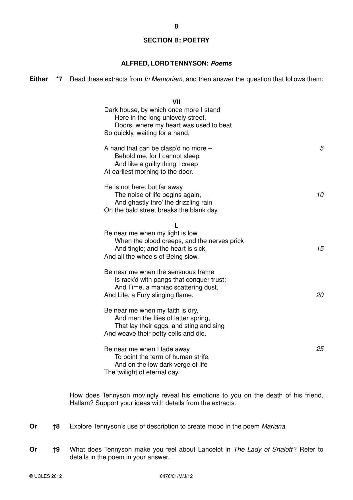 Cambridge IGCSE English - Literature (UK) 0476 2012 May/June Paper 1 · Variant 1 question paper, page 8 of 24