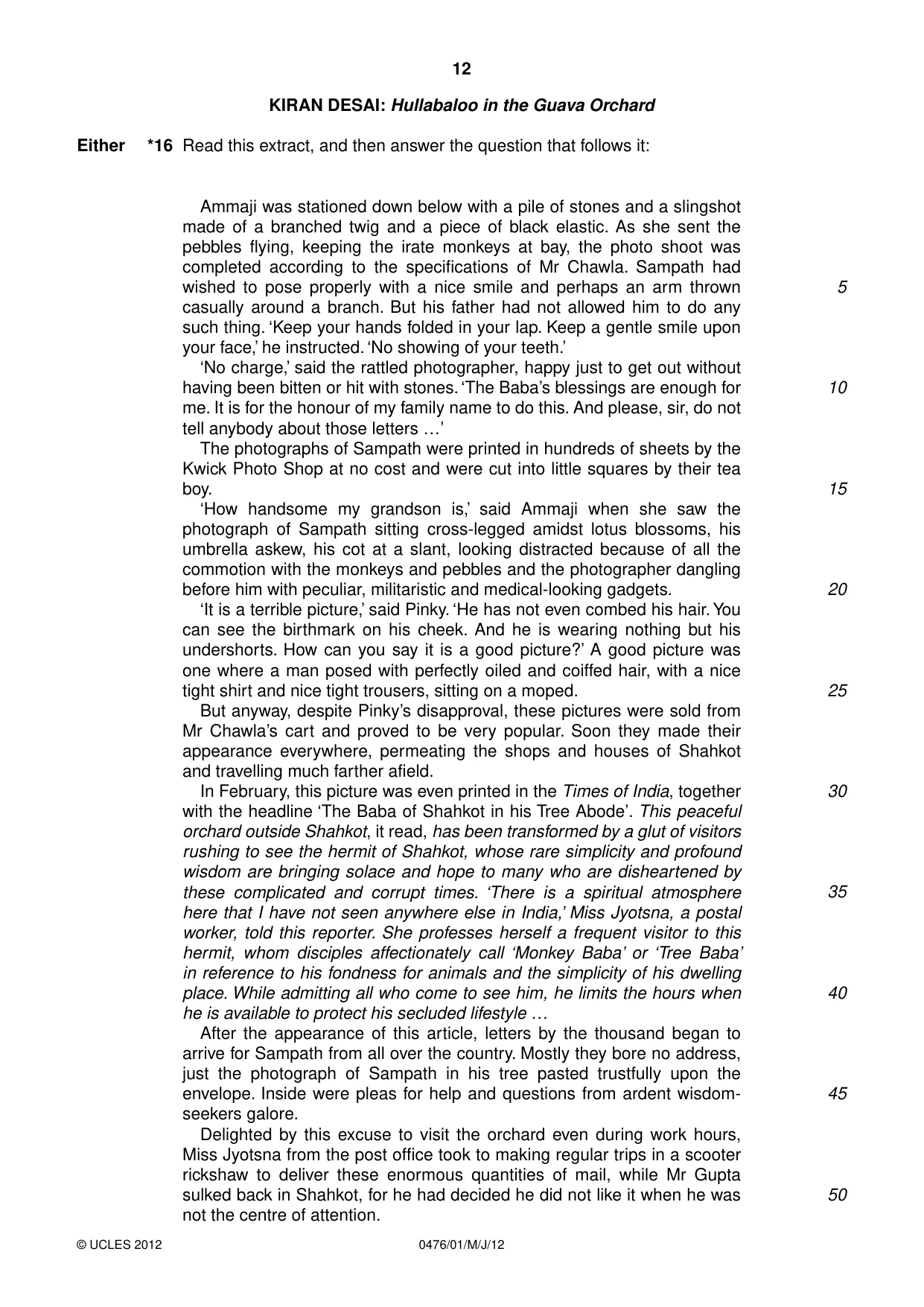 Cambridge IGCSE English - Literature (UK) 0476 2012 May/June Paper 1 · Variant 1 question paper, page 12 of 24