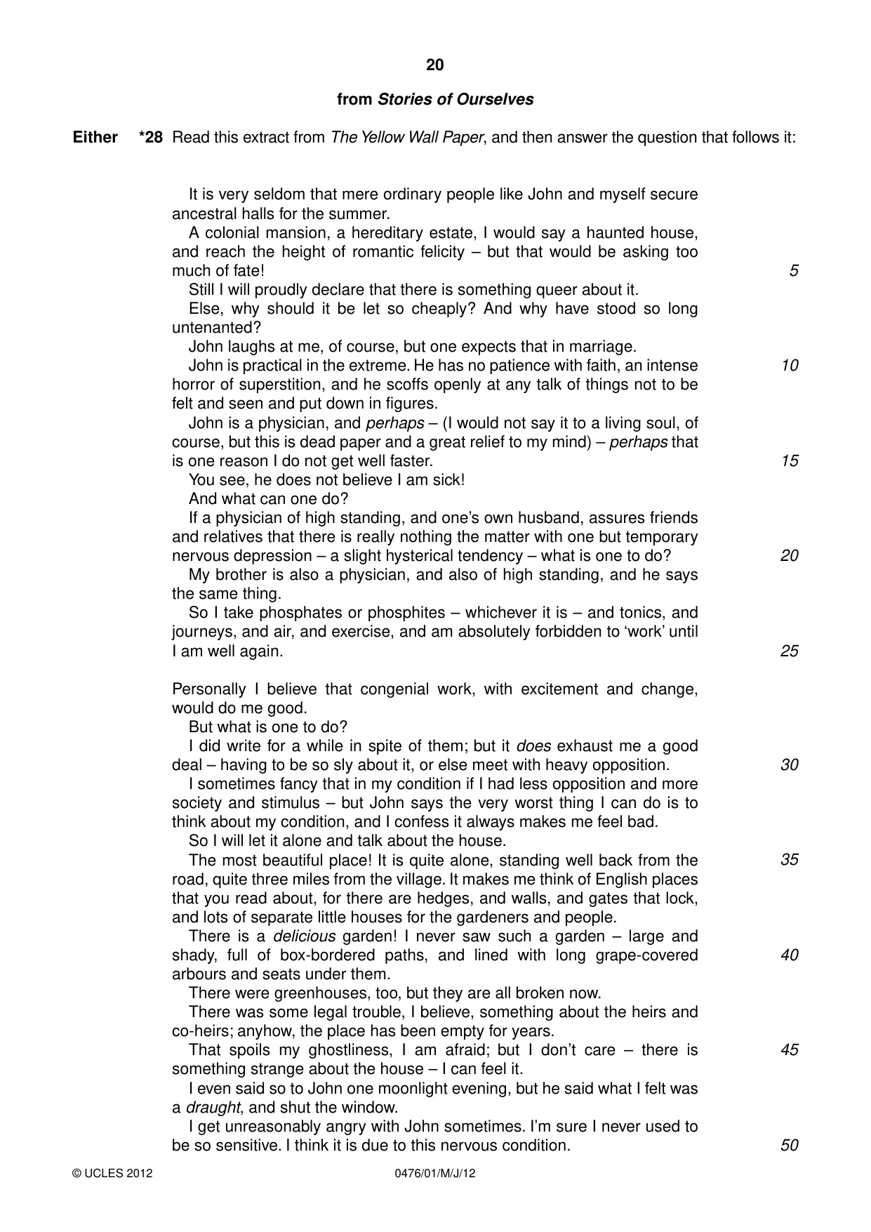 Cambridge IGCSE English - Literature (UK) 0476 2012 May/June Paper 1 · Variant 1 question paper, page 20 of 24