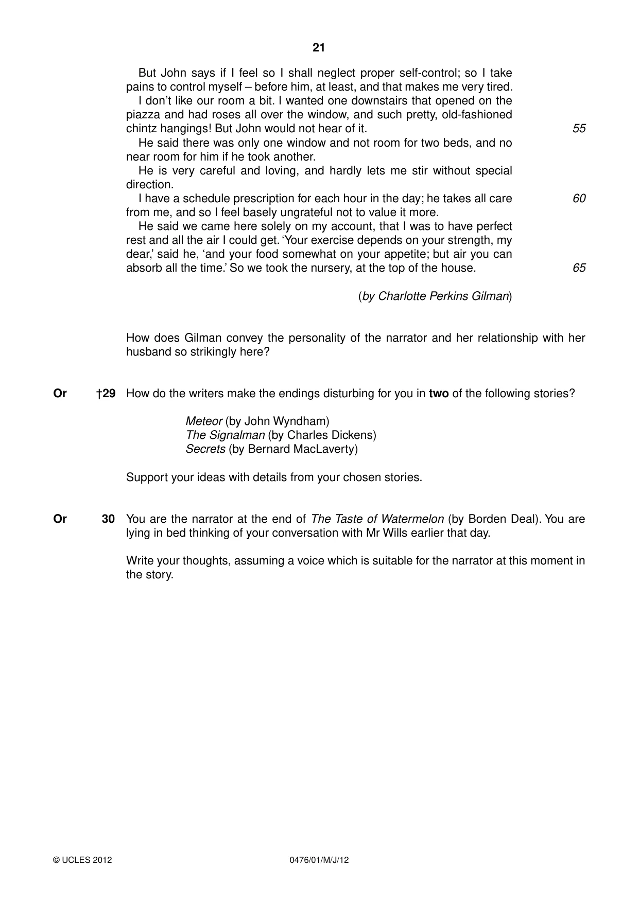 Cambridge IGCSE English - Literature (UK) 0476 2012 May/June Paper 1 · Variant 1 question paper, page 21 of 24