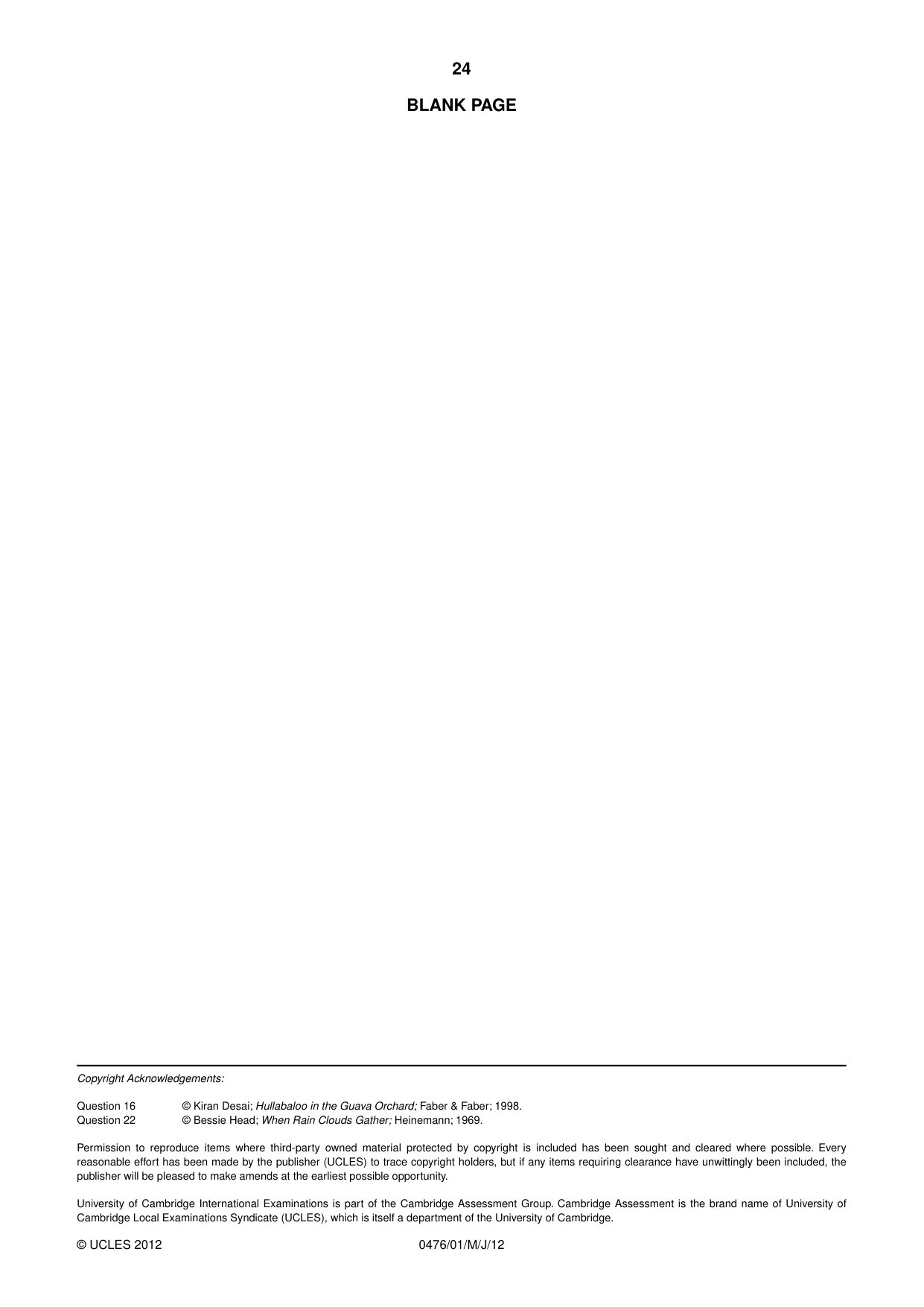 Cambridge IGCSE English - Literature (UK) 0476 2012 May/June Paper 1 · Variant 1 question paper, page 24 of 24