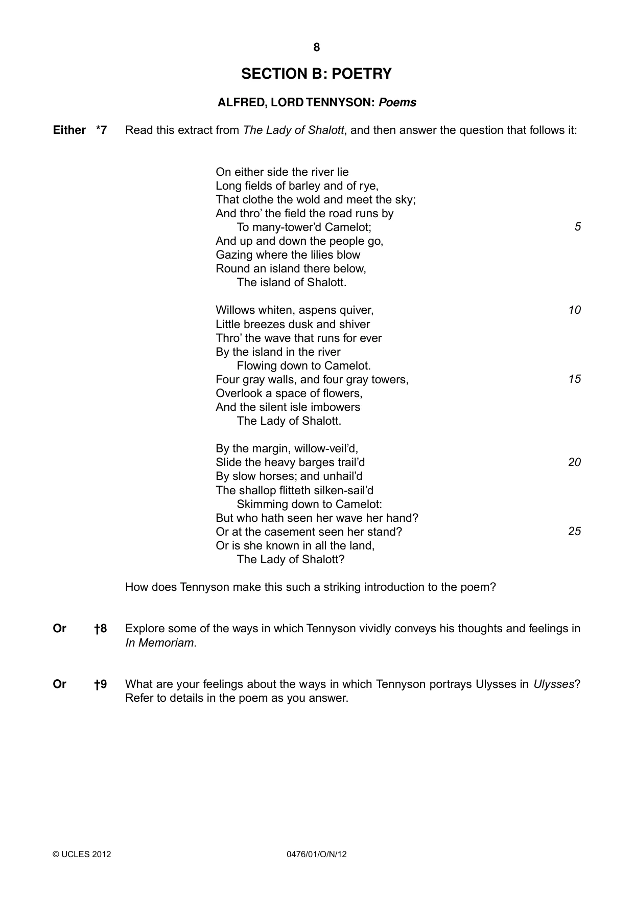 Cambridge IGCSE English - Literature (UK) 0476 2012 Oct/Nov Paper 1 · Variant 1 question paper, page 8 of 22
