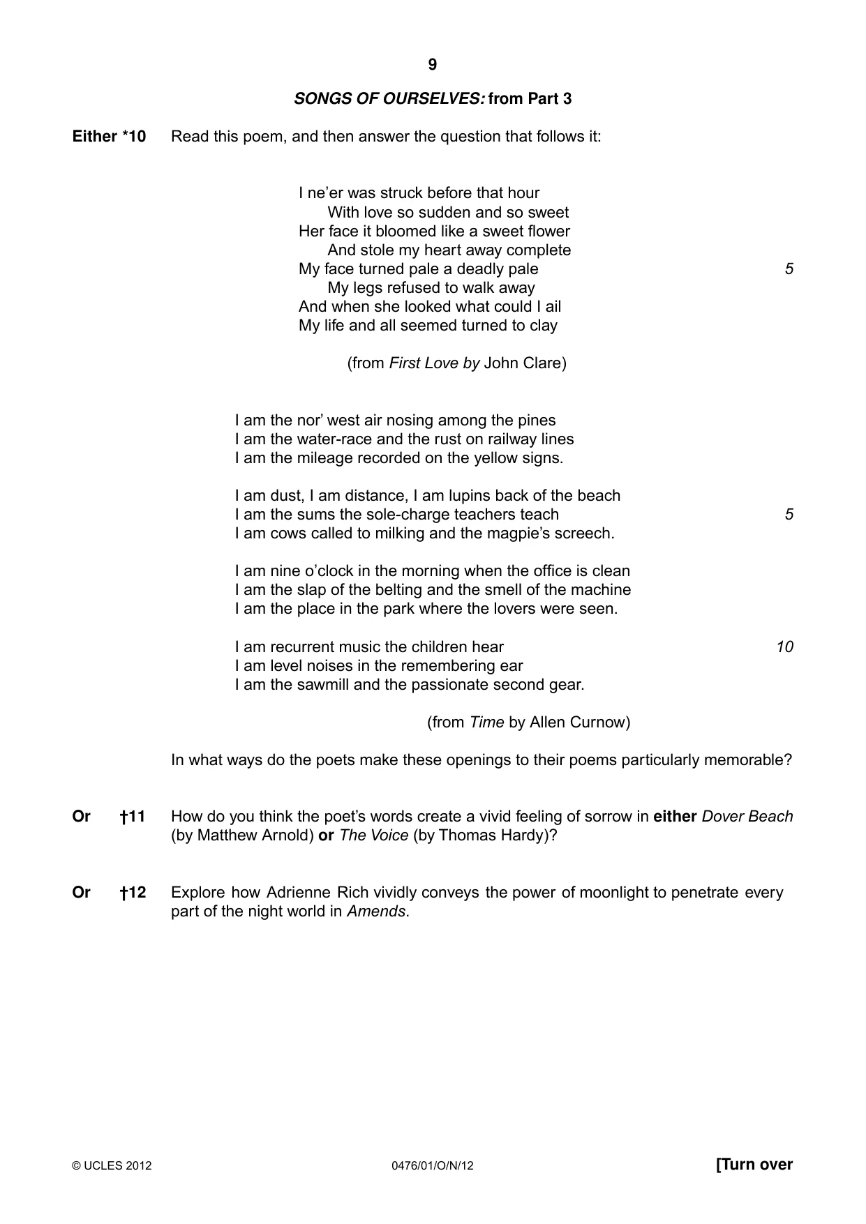 Cambridge IGCSE English - Literature (UK) 0476 2012 Oct/Nov Paper 1 · Variant 1 question paper, page 9 of 22