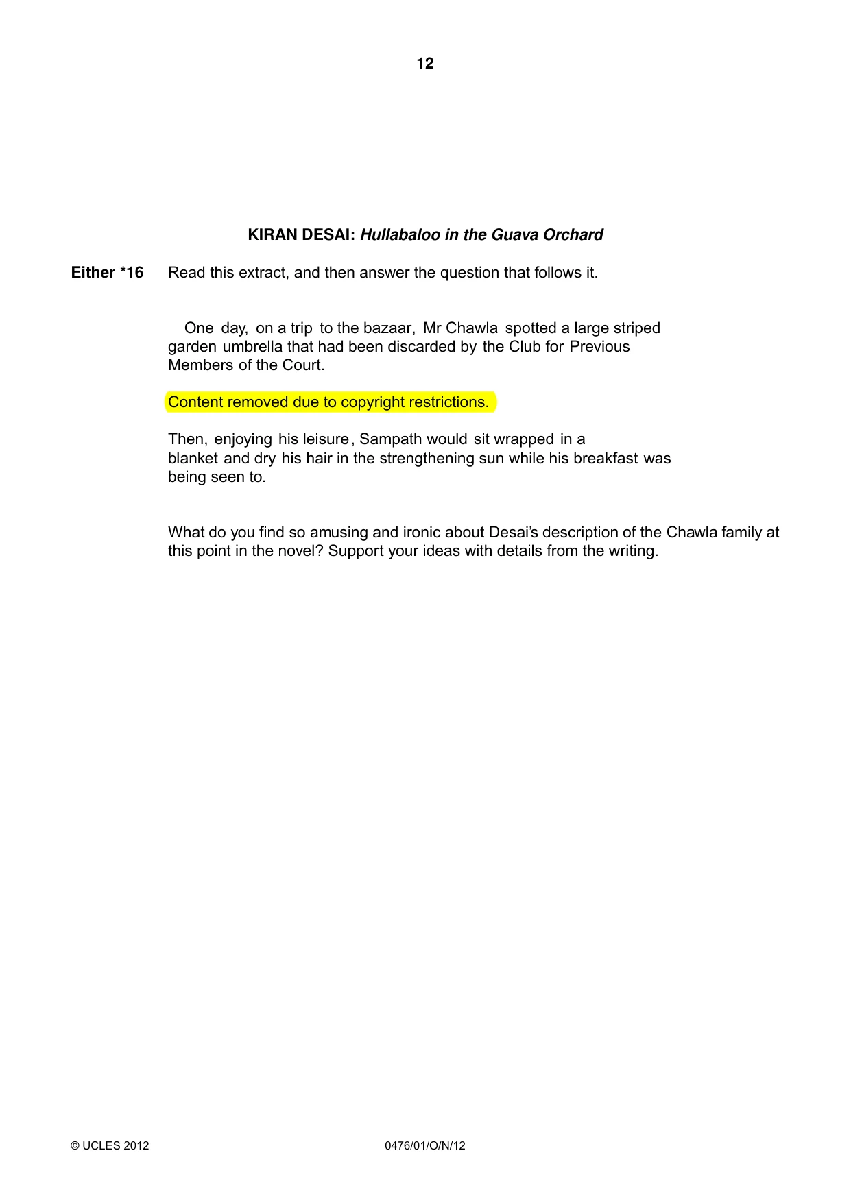 Cambridge IGCSE English - Literature (UK) 0476 2012 Oct/Nov Paper 1 · Variant 1 question paper, page 12 of 22