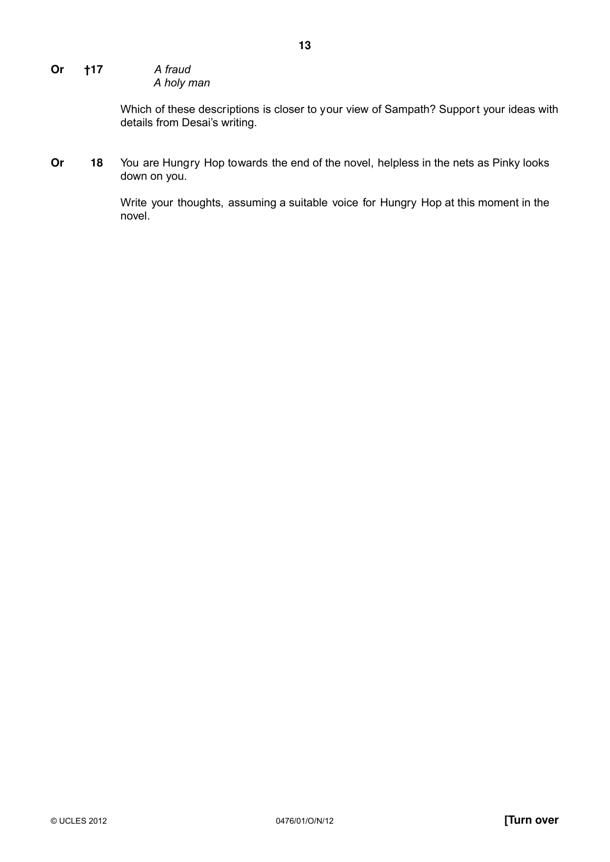 Cambridge IGCSE English - Literature (UK) 0476 2012 Oct/Nov Paper 1 · Variant 1 question paper, page 13 of 22