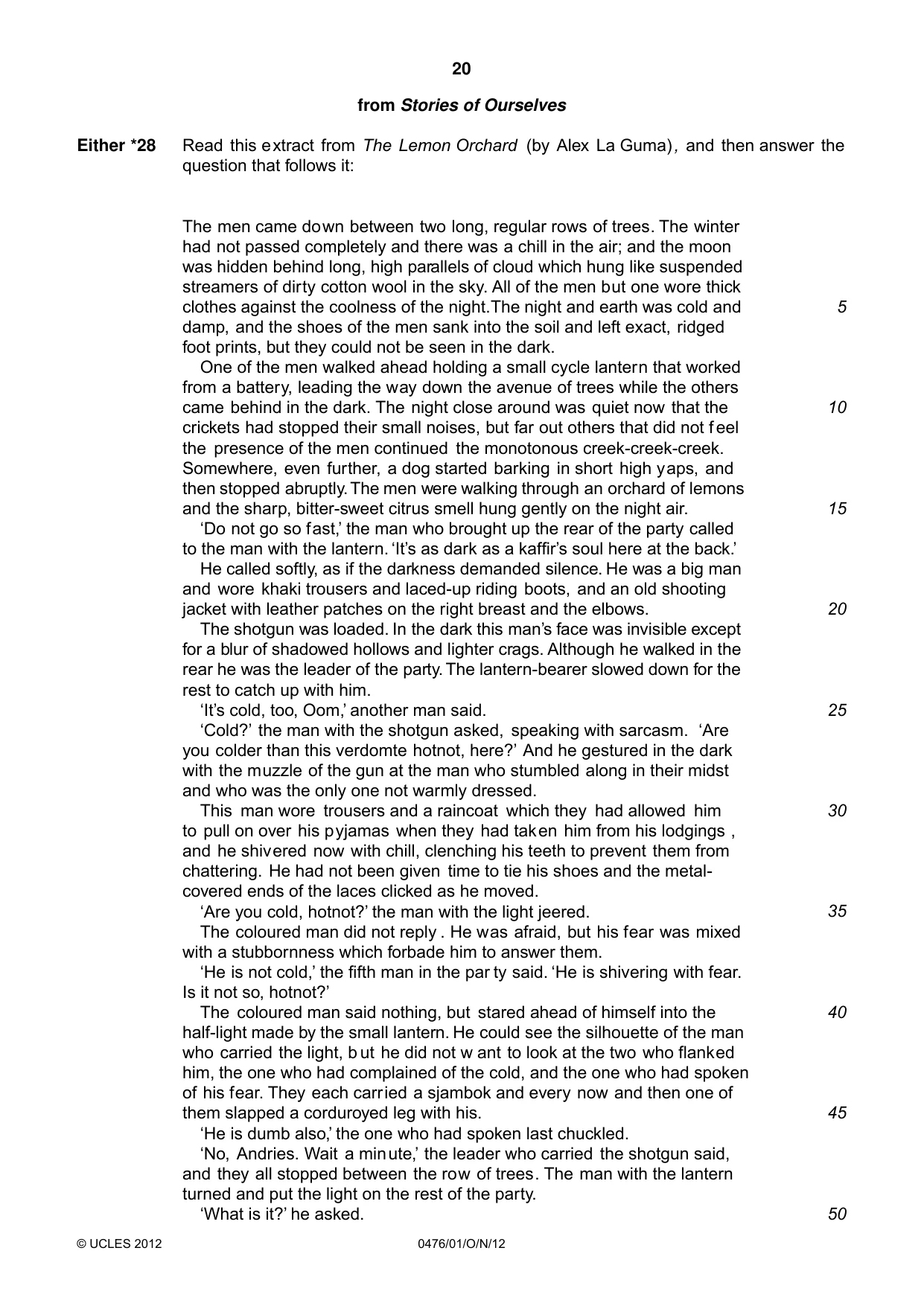 Cambridge IGCSE English - Literature (UK) 0476 2012 Oct/Nov Paper 1 · Variant 1 question paper, page 20 of 22