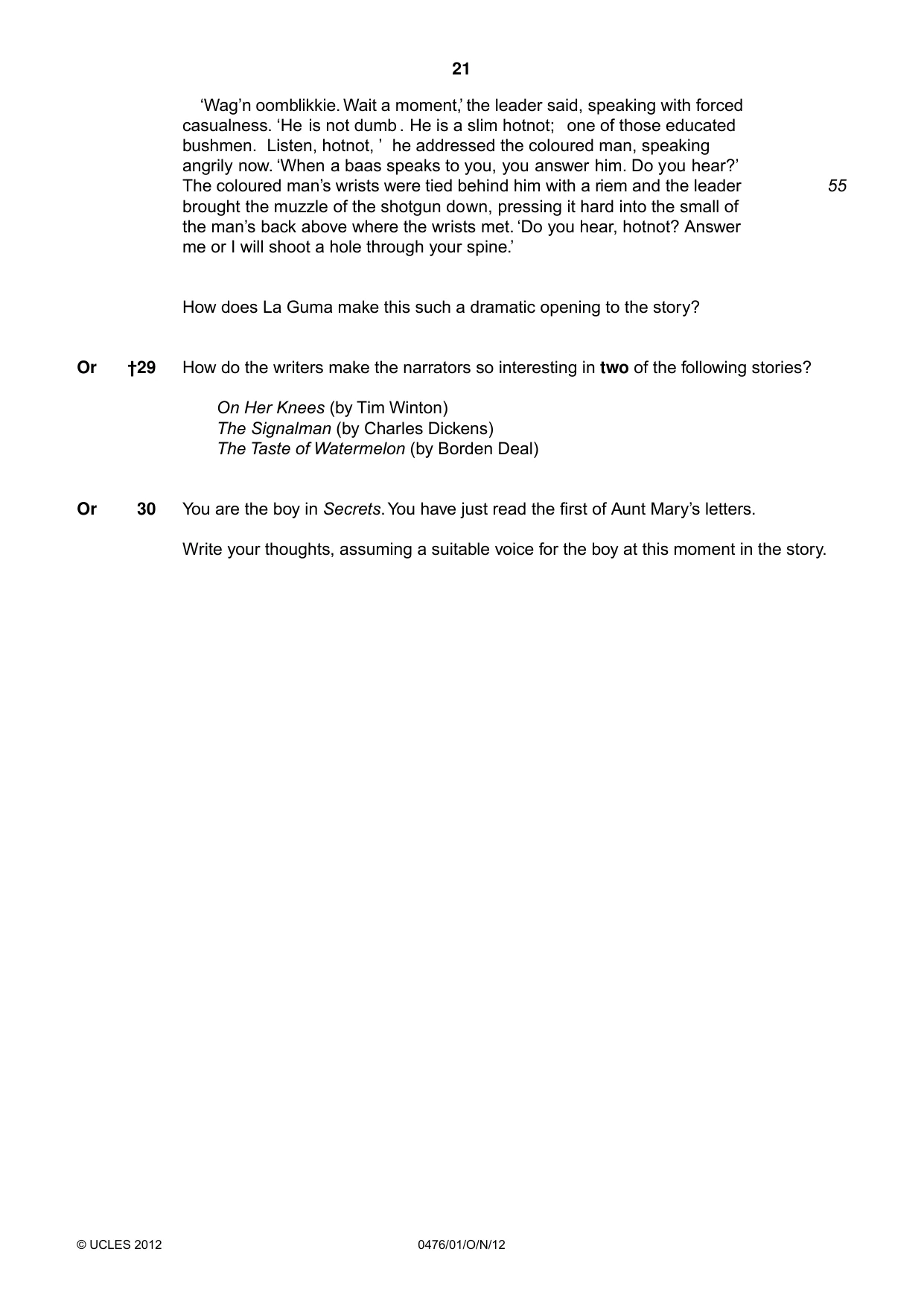 Cambridge IGCSE English - Literature (UK) 0476 2012 Oct/Nov Paper 1 · Variant 1 question paper, page 21 of 22