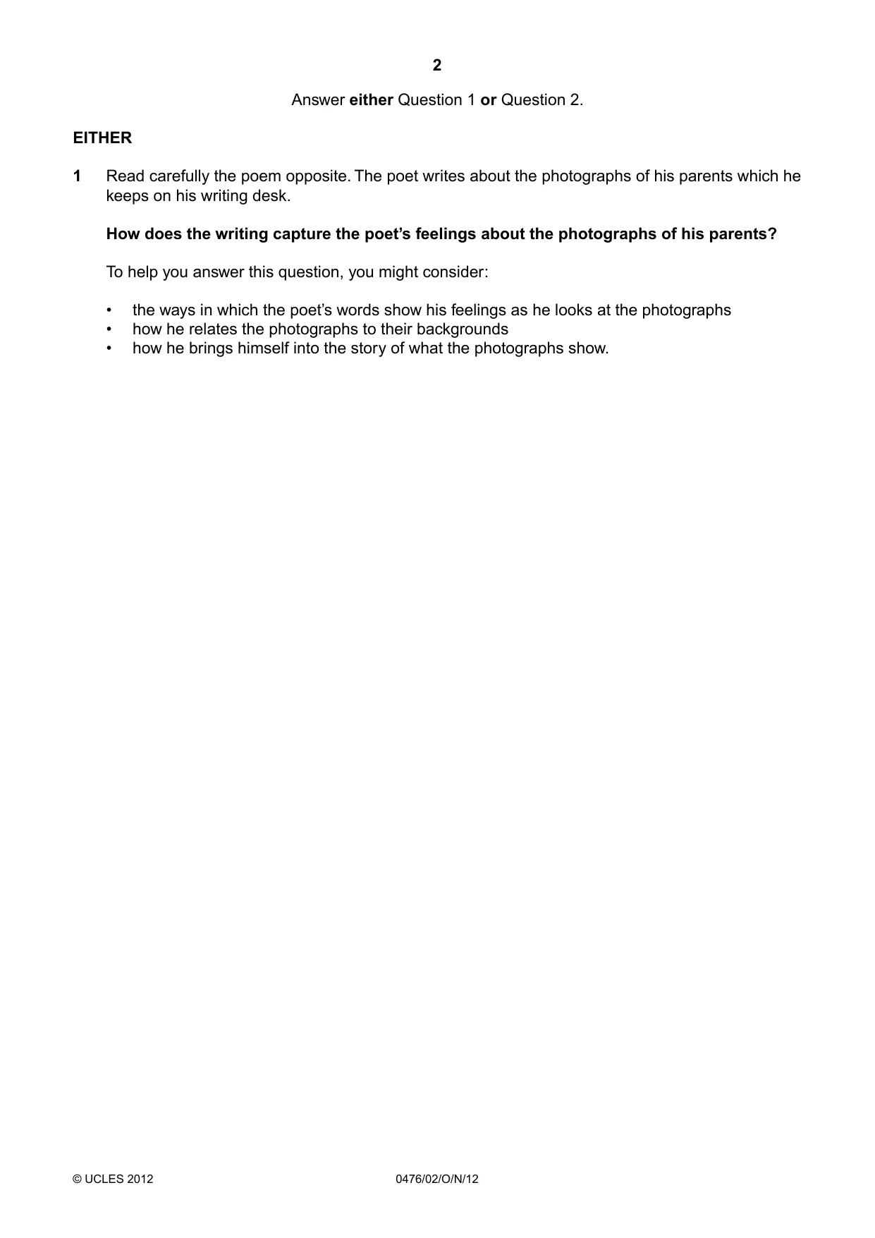 Cambridge IGCSE English - Literature (UK) 0476 2012 Oct/Nov Paper 2 · Variant 1 question paper, page 2 of 5