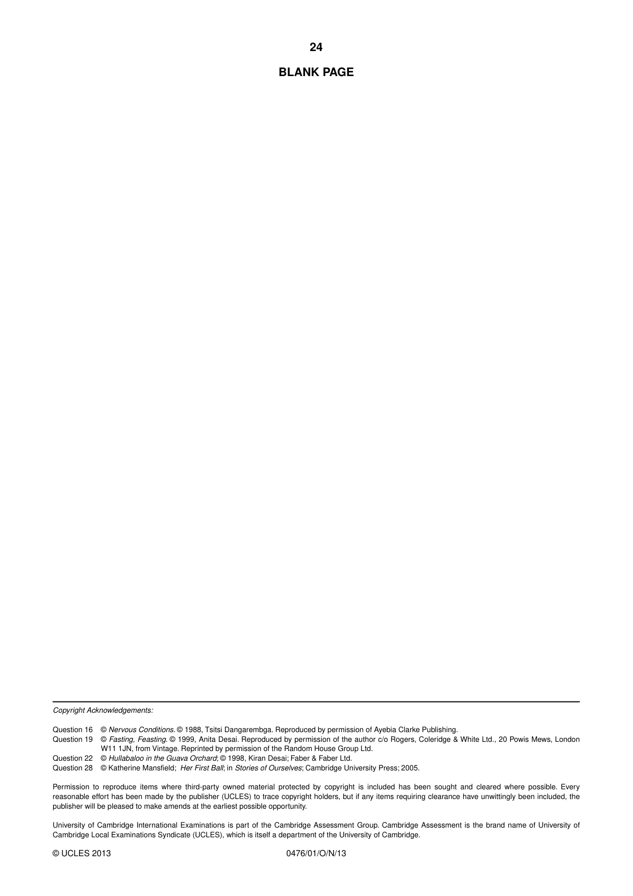 Cambridge IGCSE English - Literature (UK) 0476 2013 Oct/Nov Paper 1 · Variant 1 question paper, page 24 of 24
