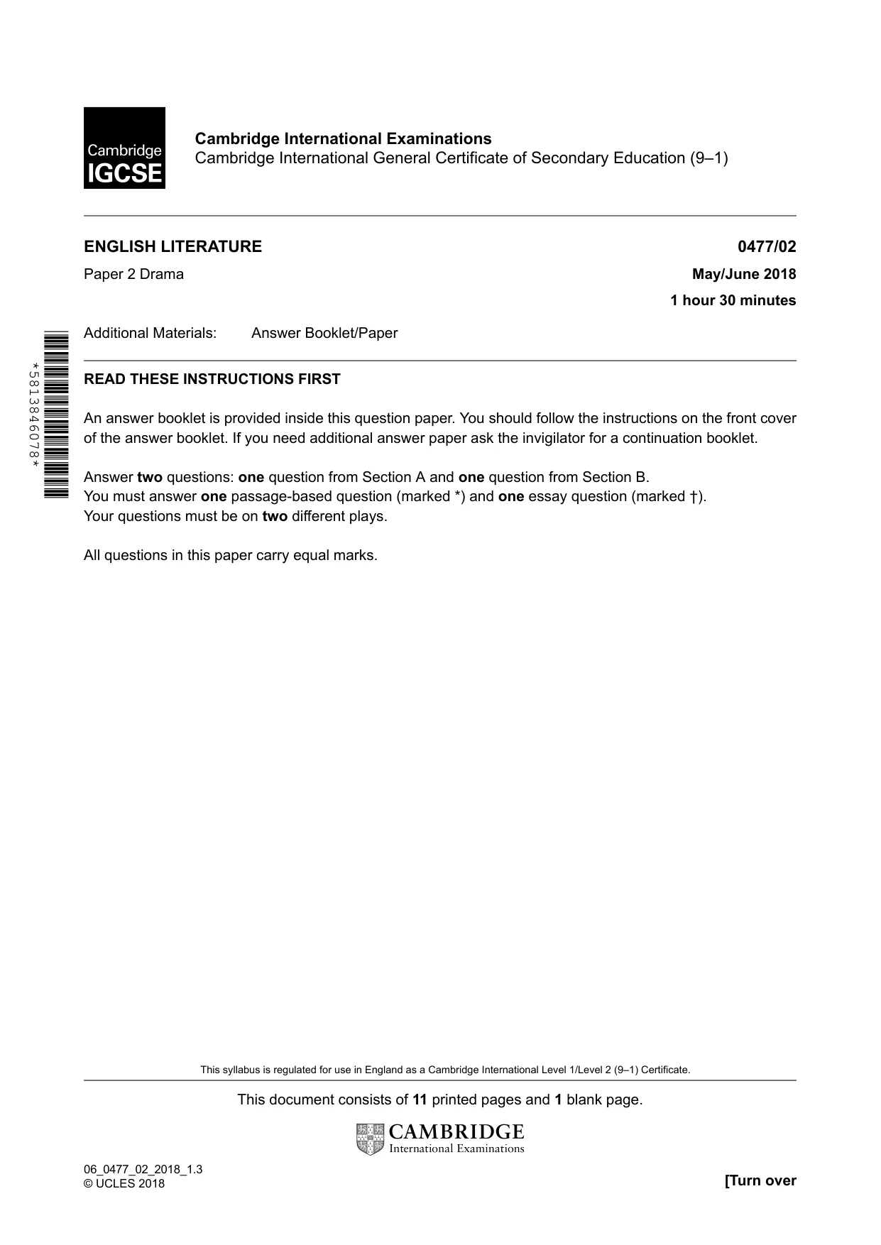 Cambridge IGCSE English - Literature (9-1) (UK only) 0477 2018 May/June Paper 2 · Variant 0 question paper, page 1 of 12