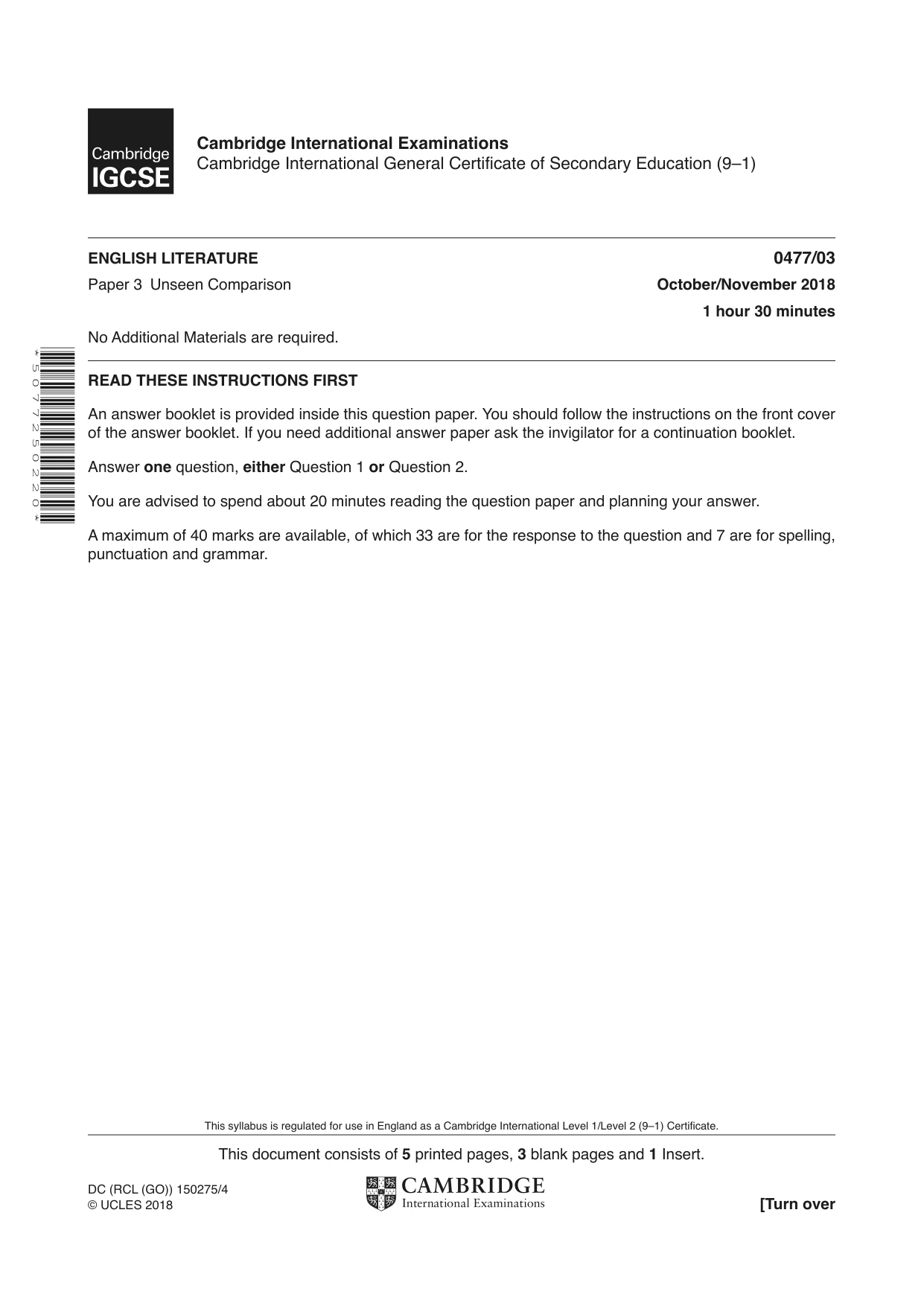 Cambridge IGCSE English - Literature (9-1) (UK only) 0477 2018 Oct/Nov Paper 3 · Variant 0 question paper, page 1 of 8