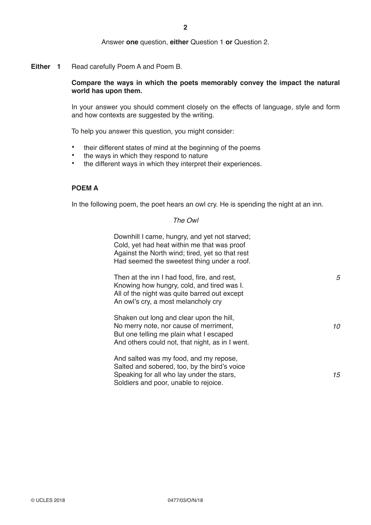 Cambridge IGCSE English - Literature (9-1) (UK only) 0477 2018 Oct/Nov Paper 3 · Variant 0 question paper, page 2 of 8