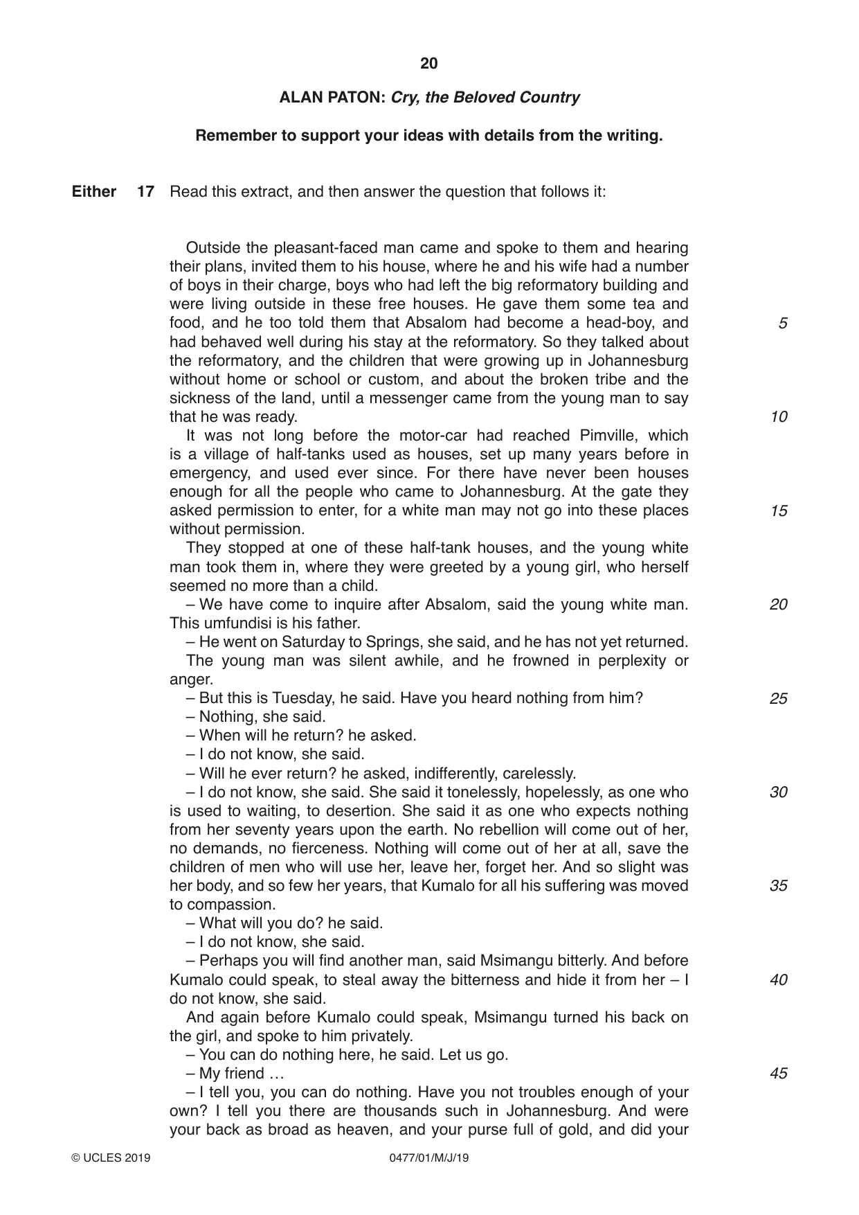 Cambridge IGCSE English - Literature (9-1) (UK only) 0477 2019 May/June Paper 1 · Variant 1 question paper, page 20 of 24