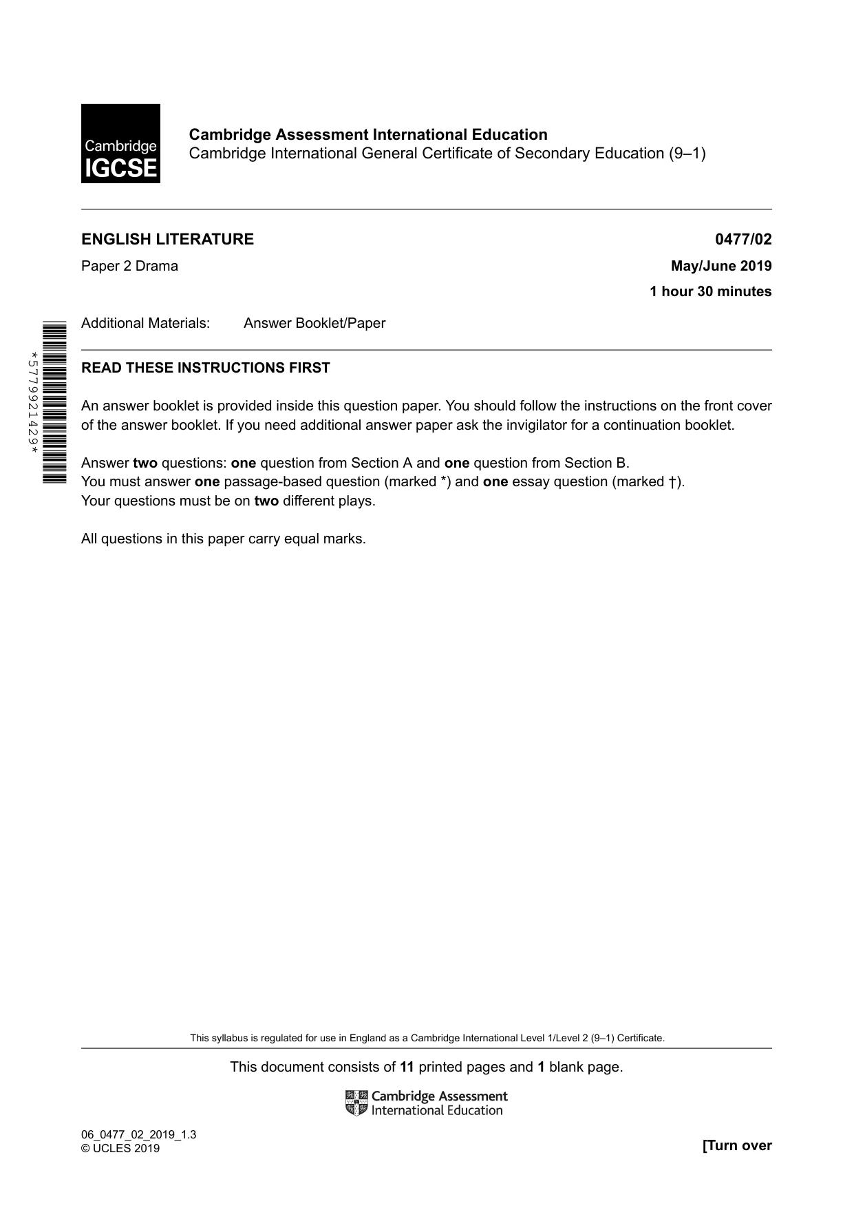 Cambridge IGCSE English - Literature (9-1) (UK only) 0477 2019 May/June Paper 2 · Variant 1 question paper, page 1 of 12