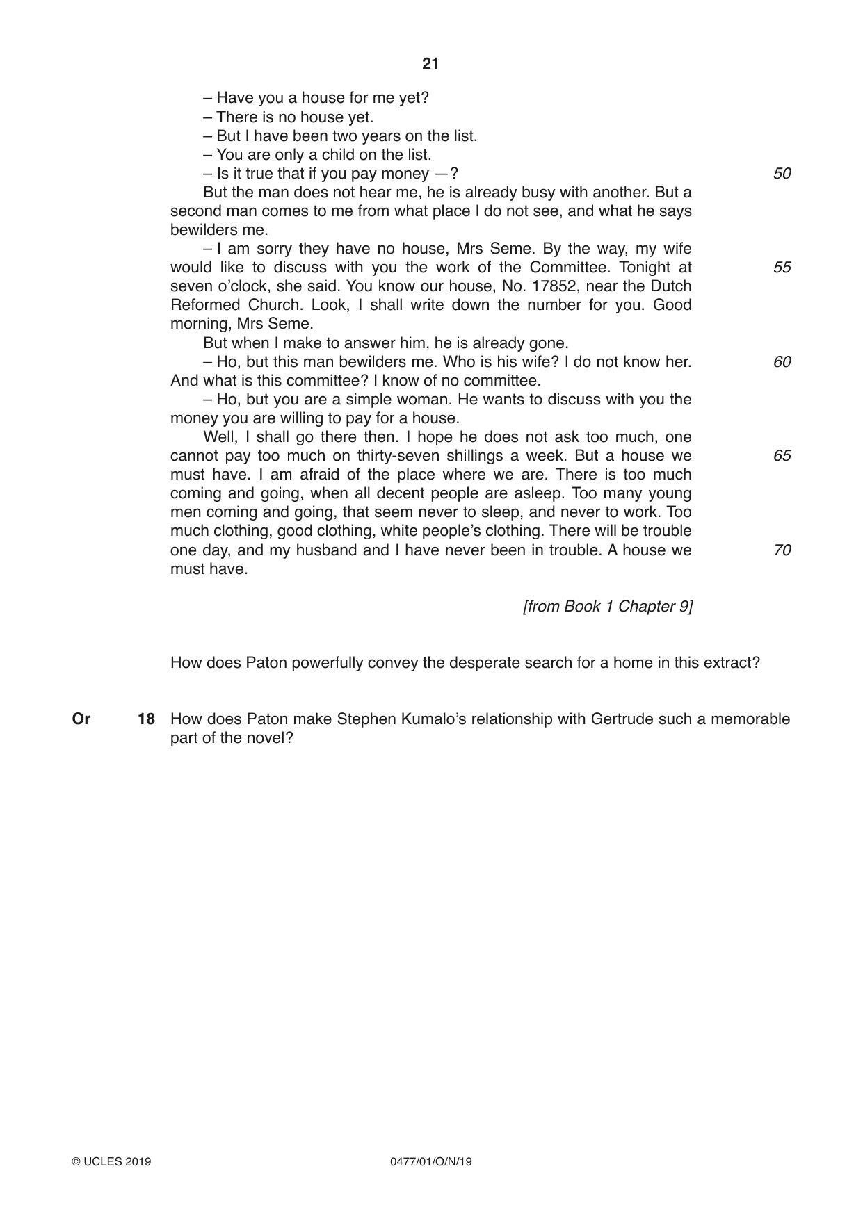 Cambridge IGCSE English - Literature (9-1) (UK only) 0477 2019 Oct/Nov Paper 1 · Variant 0 question paper, page 21 of 24