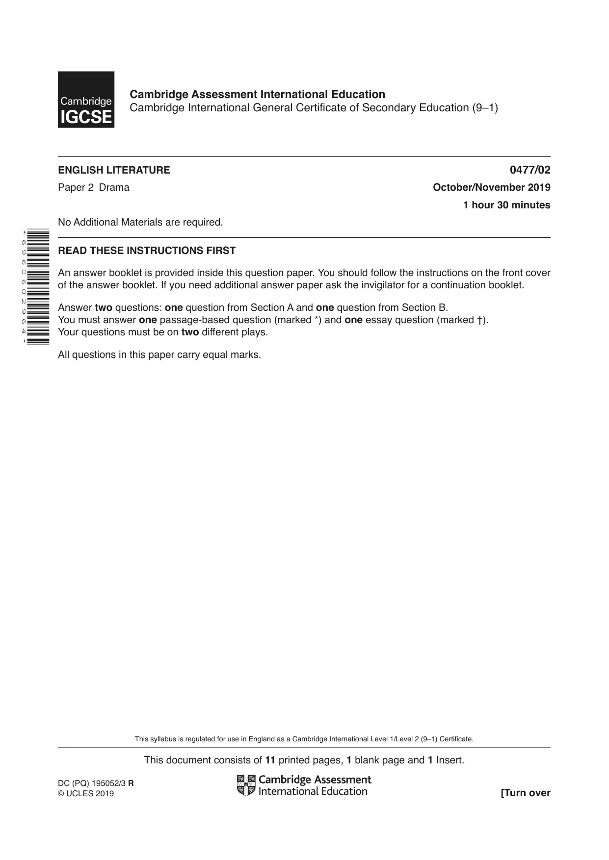 Cambridge IGCSE English - Literature (9-1) (UK only) 0477 2019 Oct/Nov Paper 2 · Variant 0 question paper, page 1 of 12