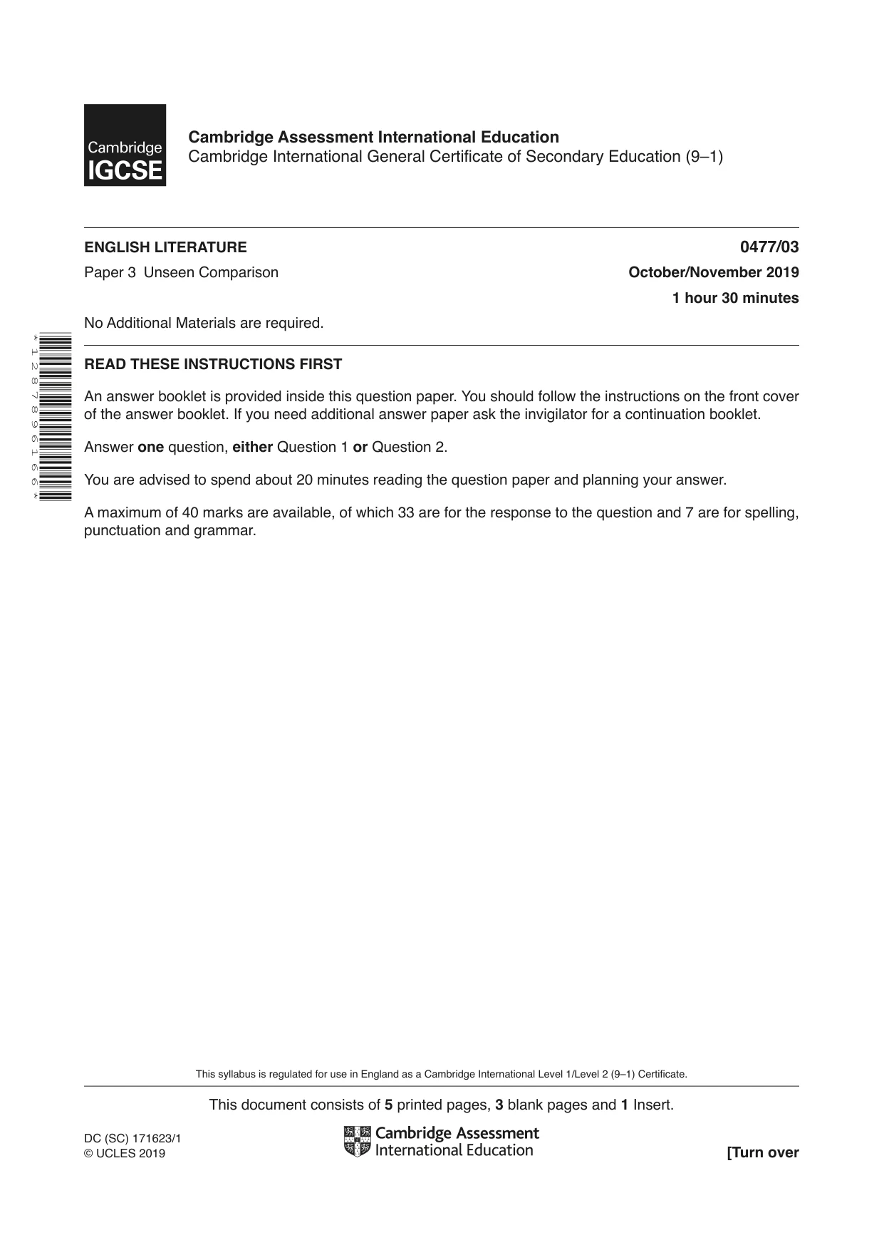 Cambridge IGCSE English - Literature (9-1) (UK only) 0477 2019 Oct/Nov Paper 3 · Variant 0 question paper, page 1 of 8