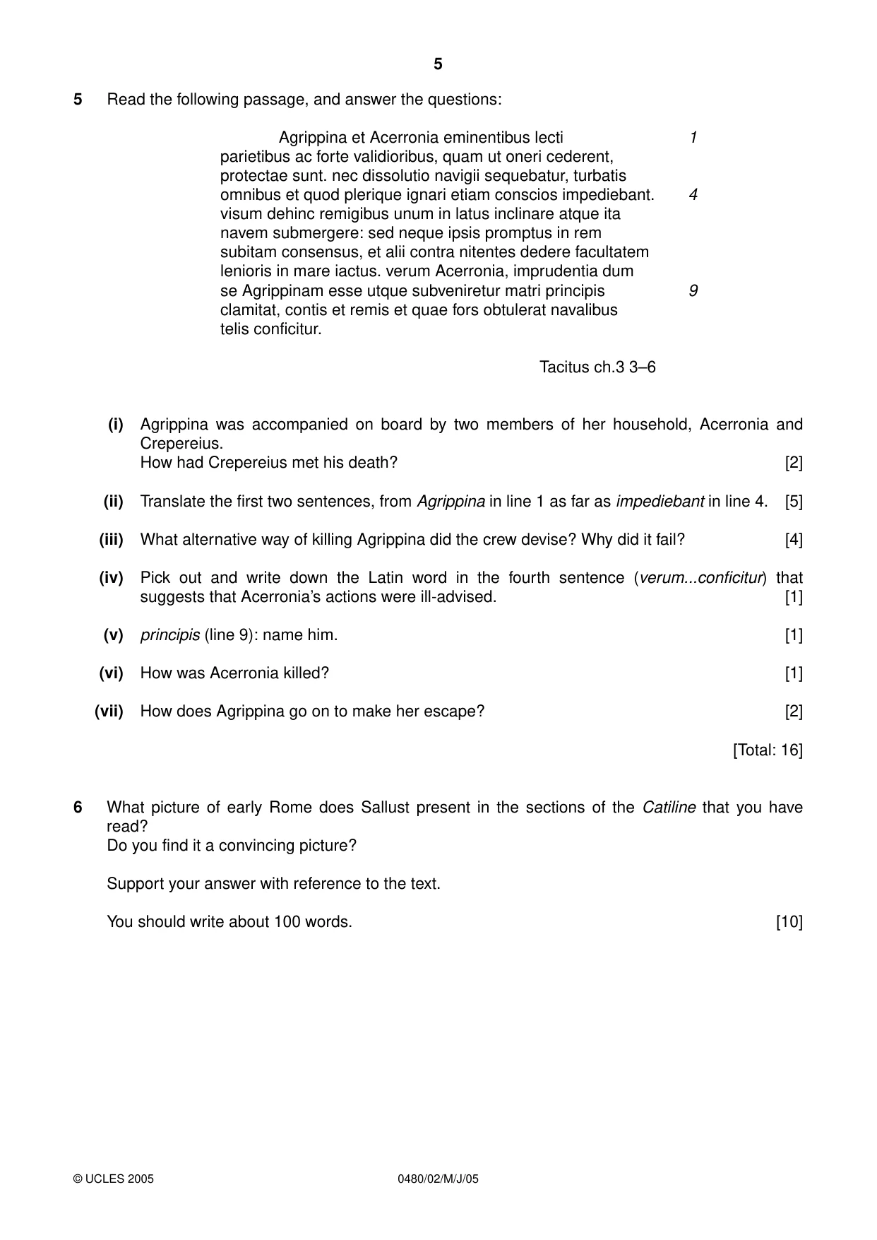 Cambridge IGCSE Latin 0480 2005 May/June Paper 2 · Variant 1 question paper, page 5 of 8