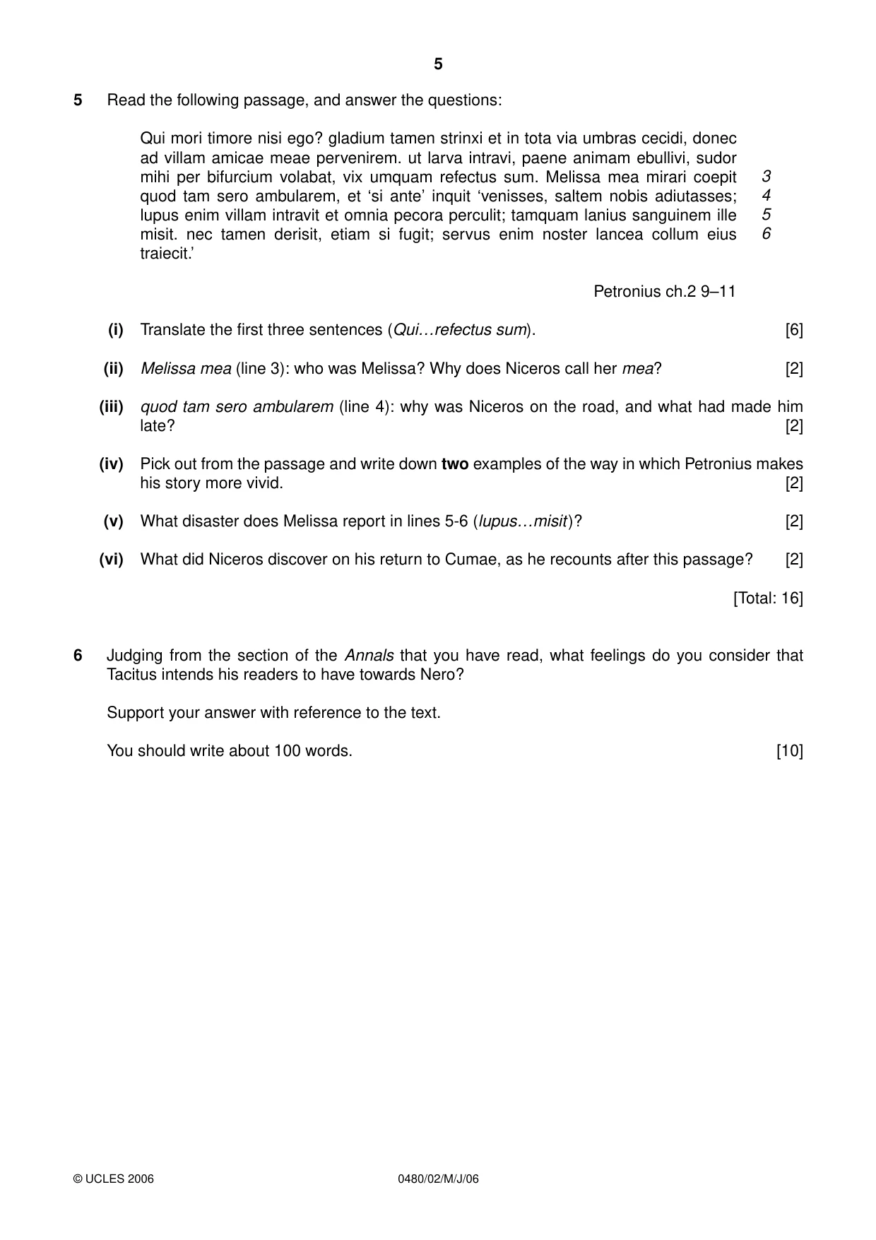 Cambridge IGCSE Latin 0480 2006 May/June Paper 2 · Variant 1 question paper, page 5 of 8