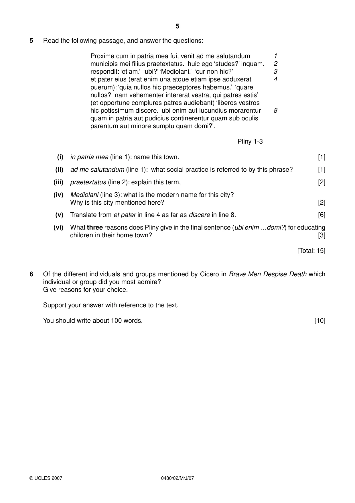 Cambridge IGCSE Latin 0480 2007 May/June Paper 2 · Variant 1 question paper, page 5 of 8