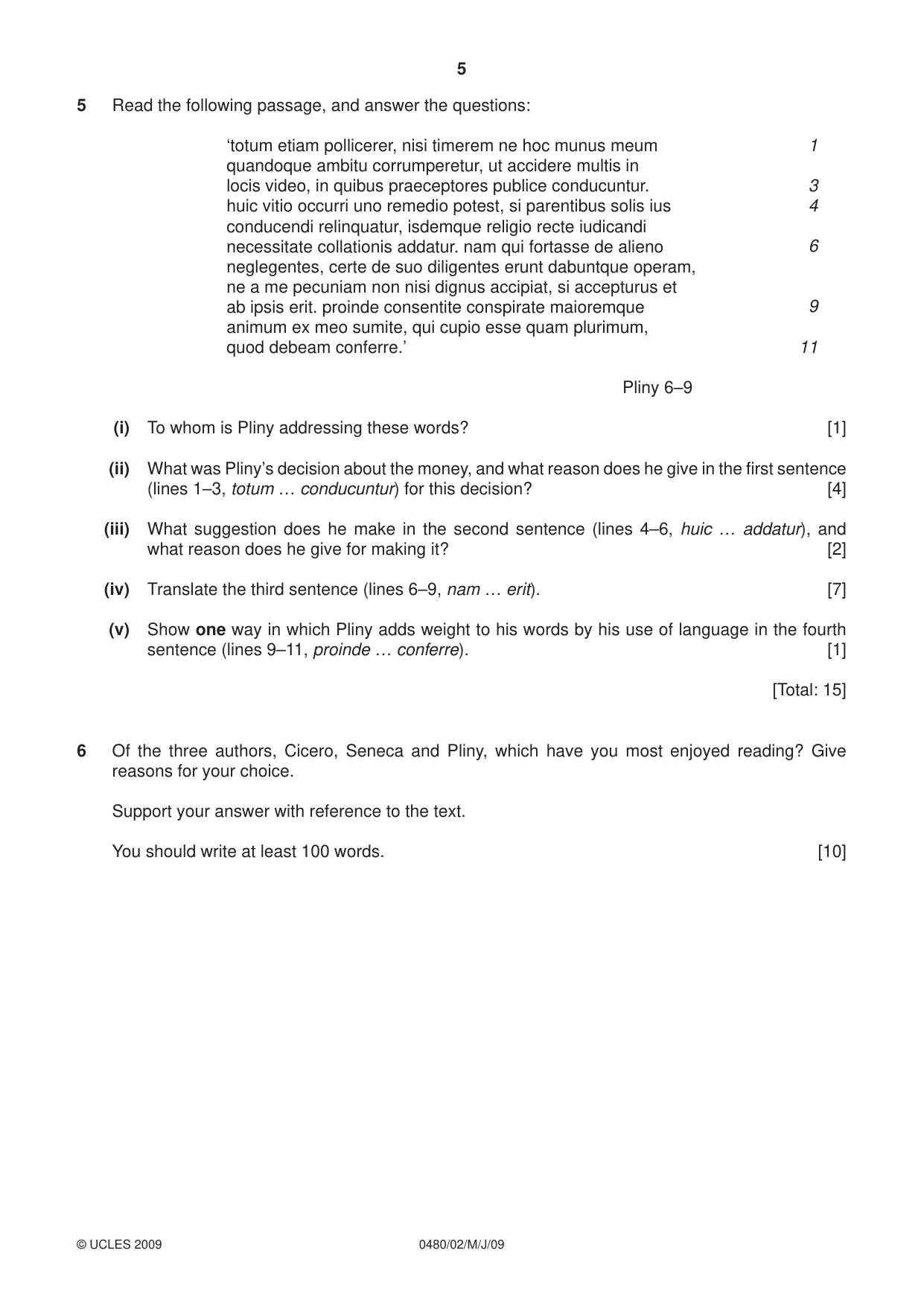 Cambridge IGCSE Latin 0480 2009 May/June Paper 2 · Variant 1 question paper, page 5 of 8