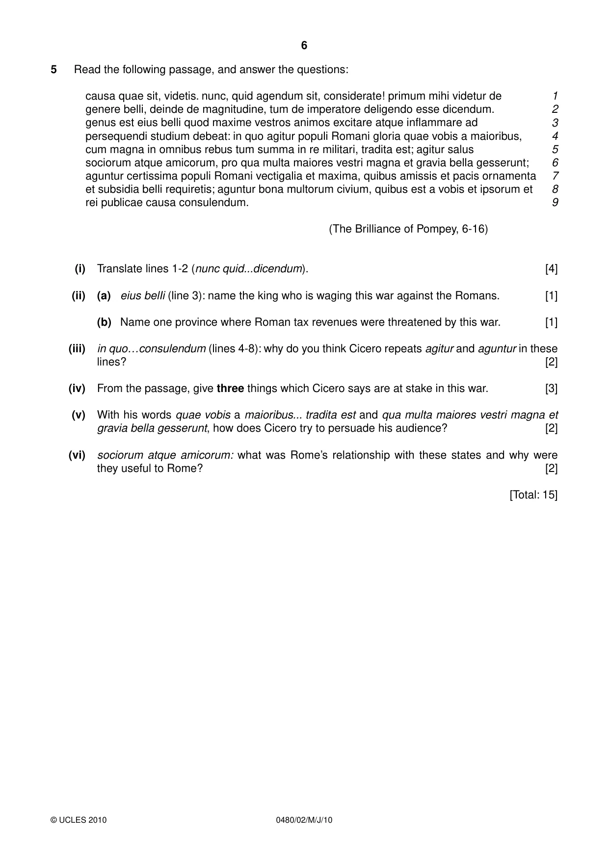 Cambridge IGCSE Latin 0480 2010 May/June Paper 2 · Variant 1 question paper, page 6 of 8