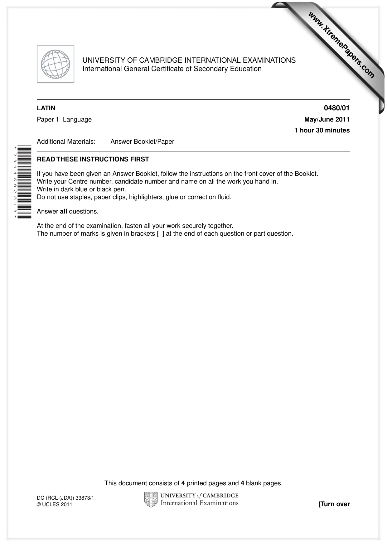 Cambridge IGCSE Latin 0480 2011 May/June Paper 1 · Variant 1 question paper, page 1 of 8