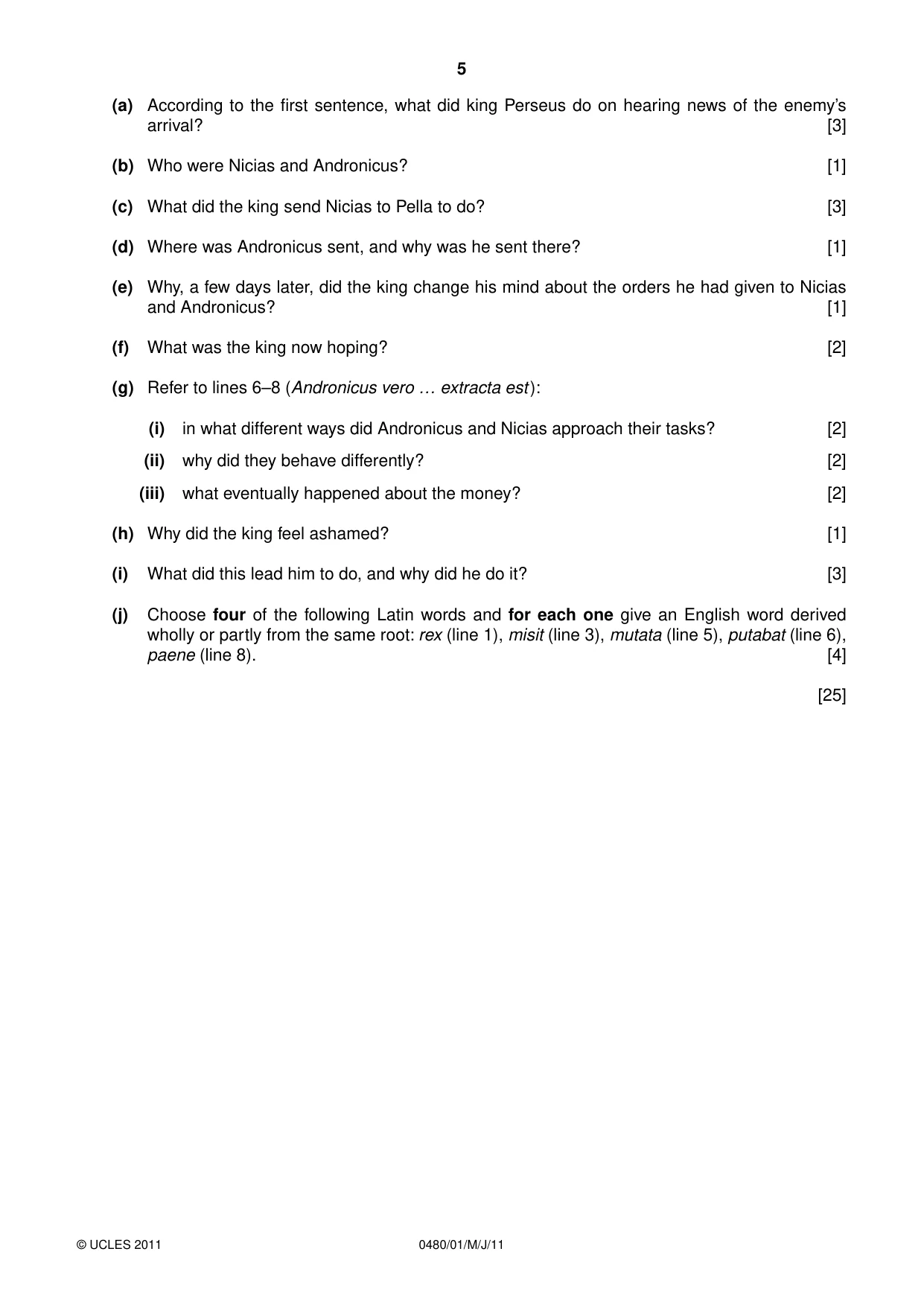 Cambridge IGCSE Latin 0480 2011 May/June Paper 1 · Variant 1 question paper, page 5 of 8