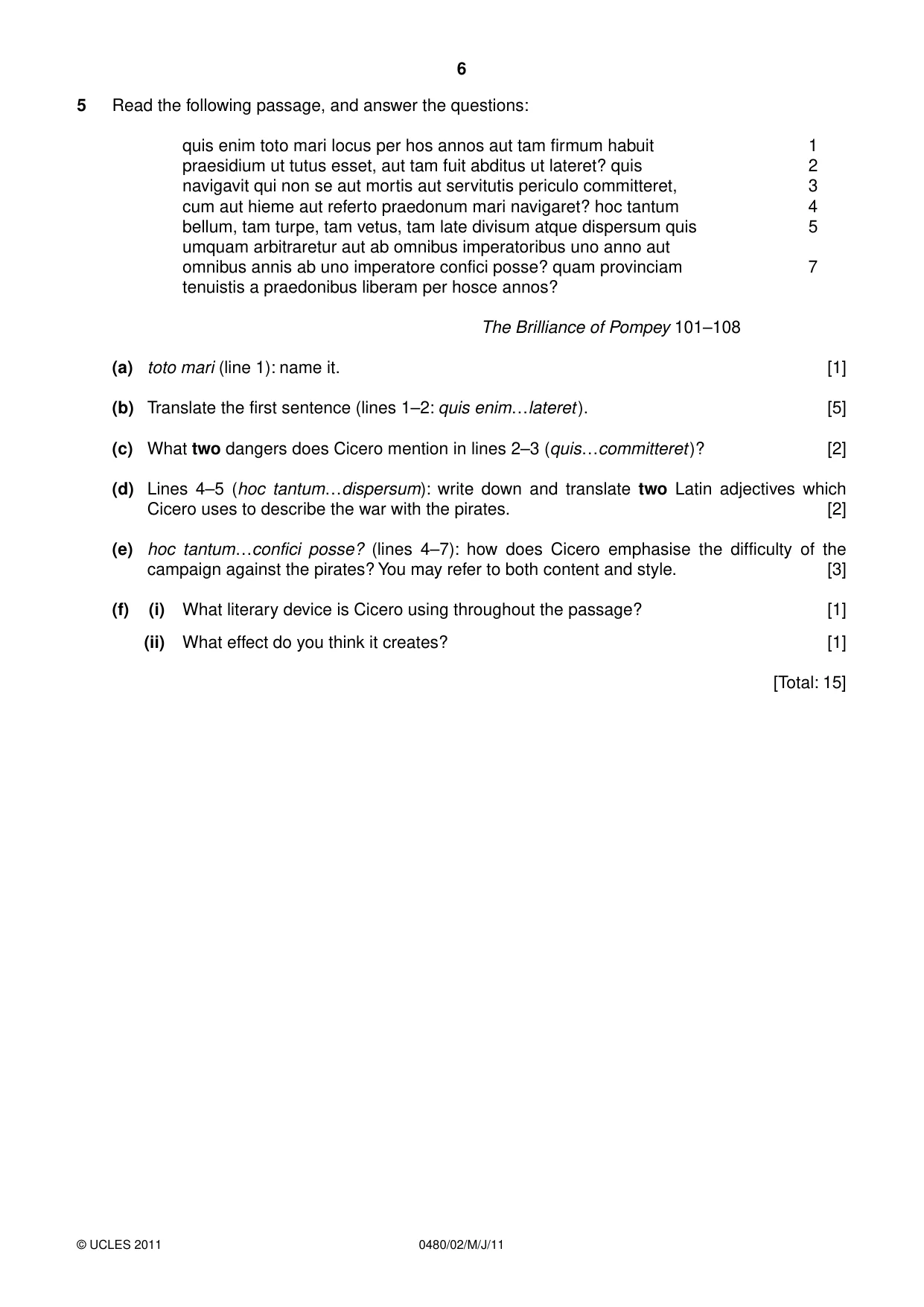 Cambridge IGCSE Latin 0480 2011 May/June Paper 2 · Variant 1 question paper, page 6 of 8