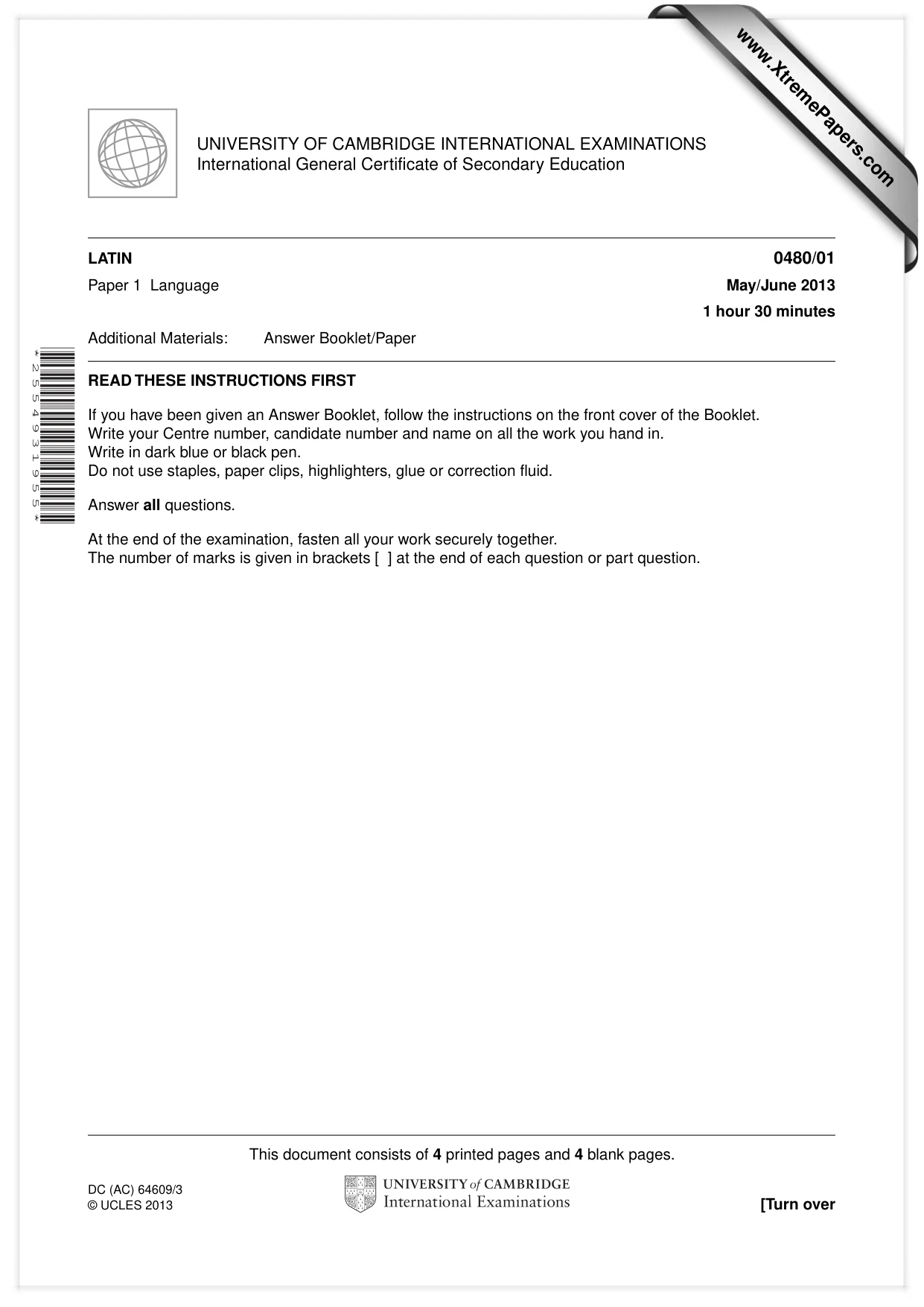 Cambridge IGCSE Latin 0480 2013 May/June Paper 1 · Variant 1 question paper, page 1 of 8