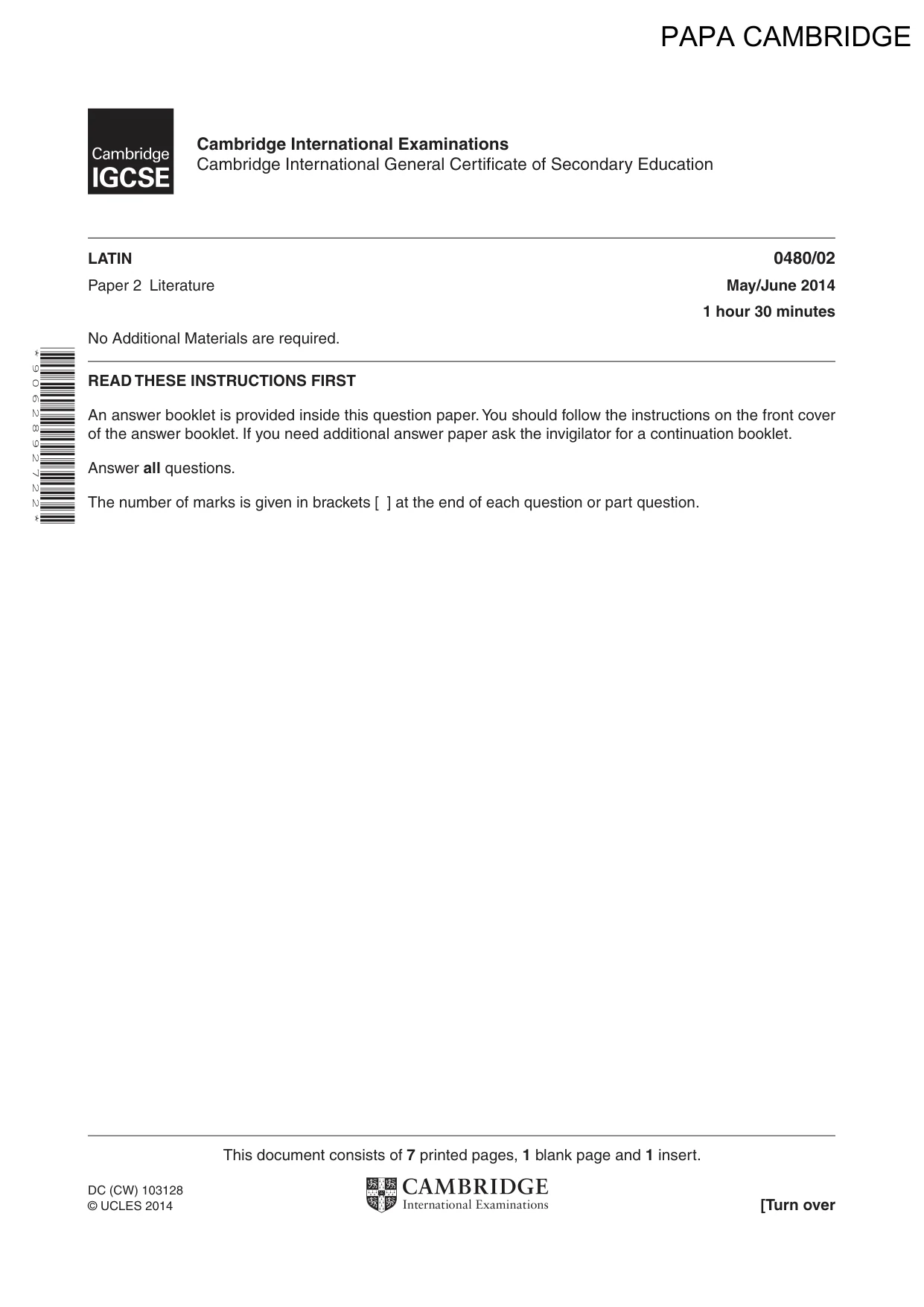 Cambridge IGCSE Latin 0480 2014 May/June Paper 2 · Variant 0 question paper, page 1 of 8