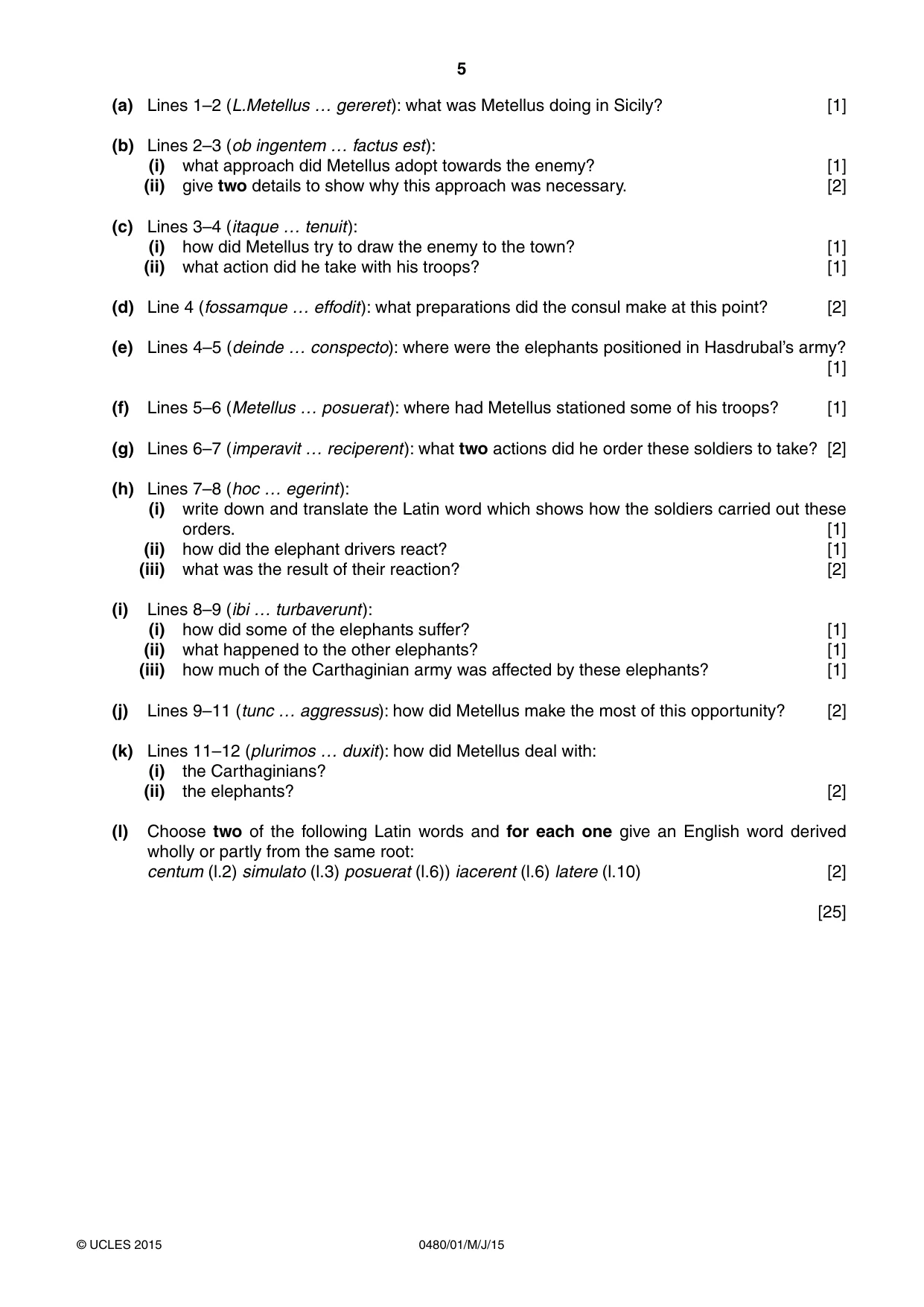 Cambridge IGCSE Latin 0480 2015 May/June Paper 1 · Variant 1 question paper, page 5 of 8