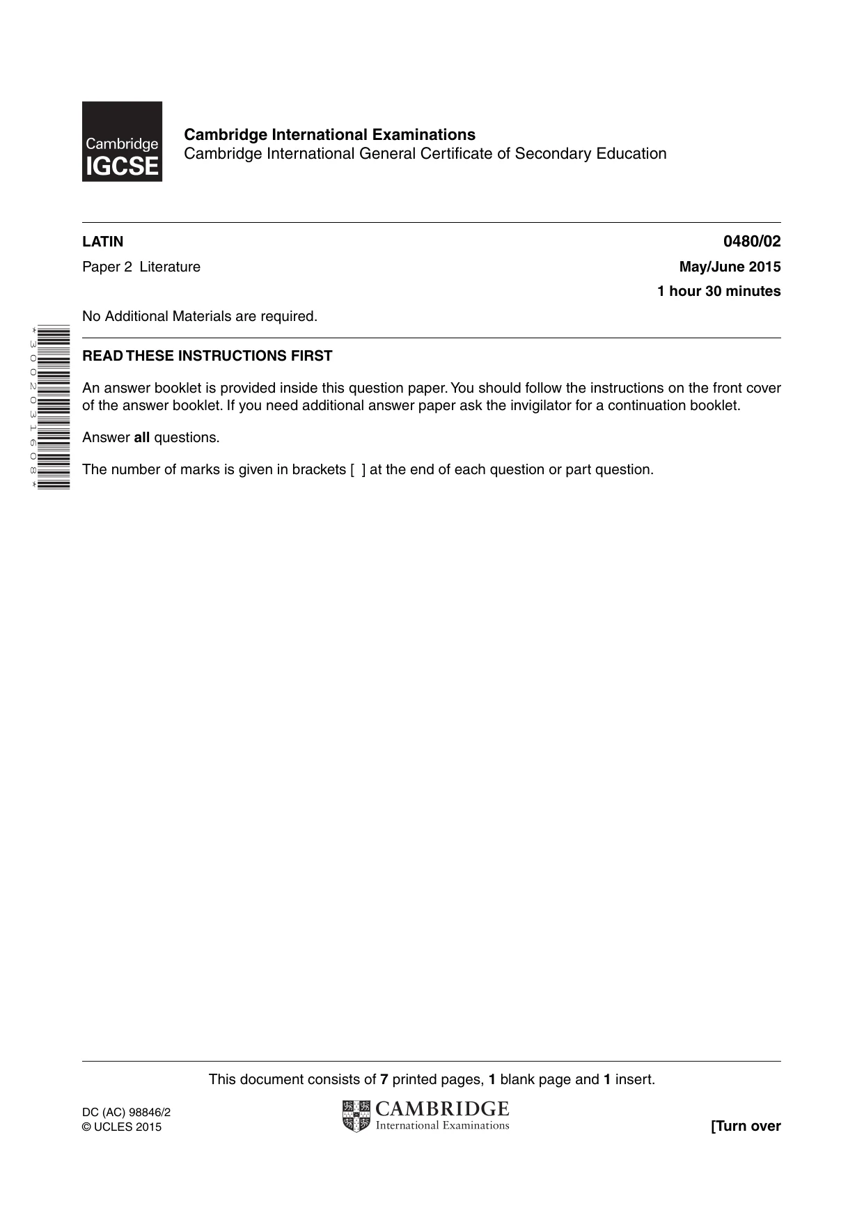Cambridge IGCSE Latin 0480 2015 May/June Paper 2 · Variant 1 question paper, page 1 of 8